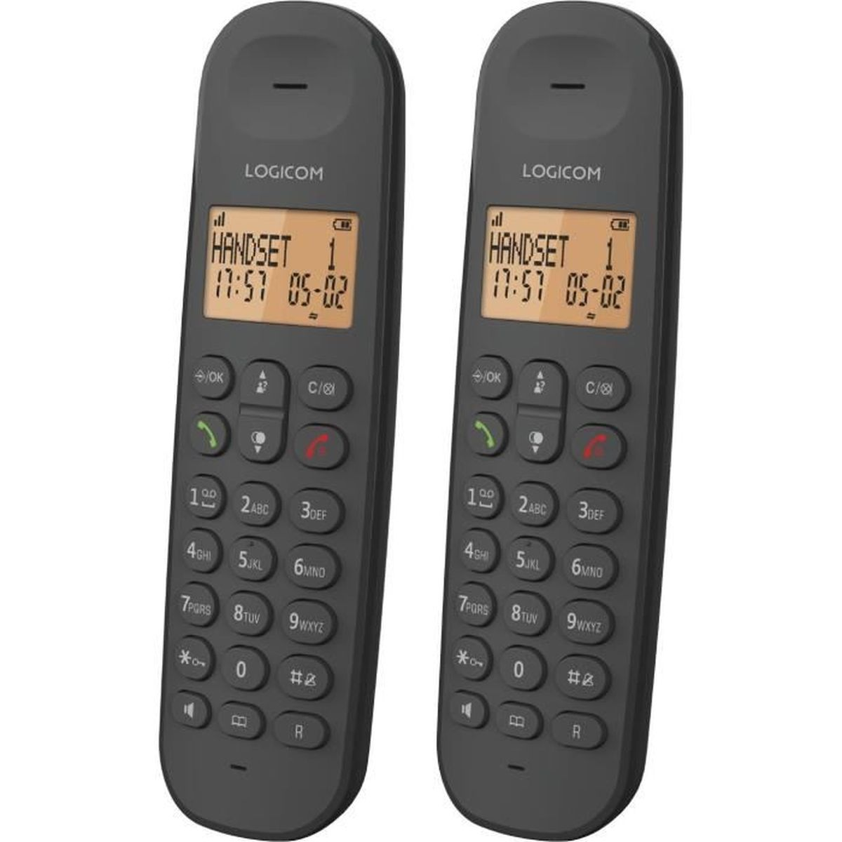 Dos teléfonos inalámbricos LOGICOM negros con pantallas que muestran "HANDSET 1" y la hora.