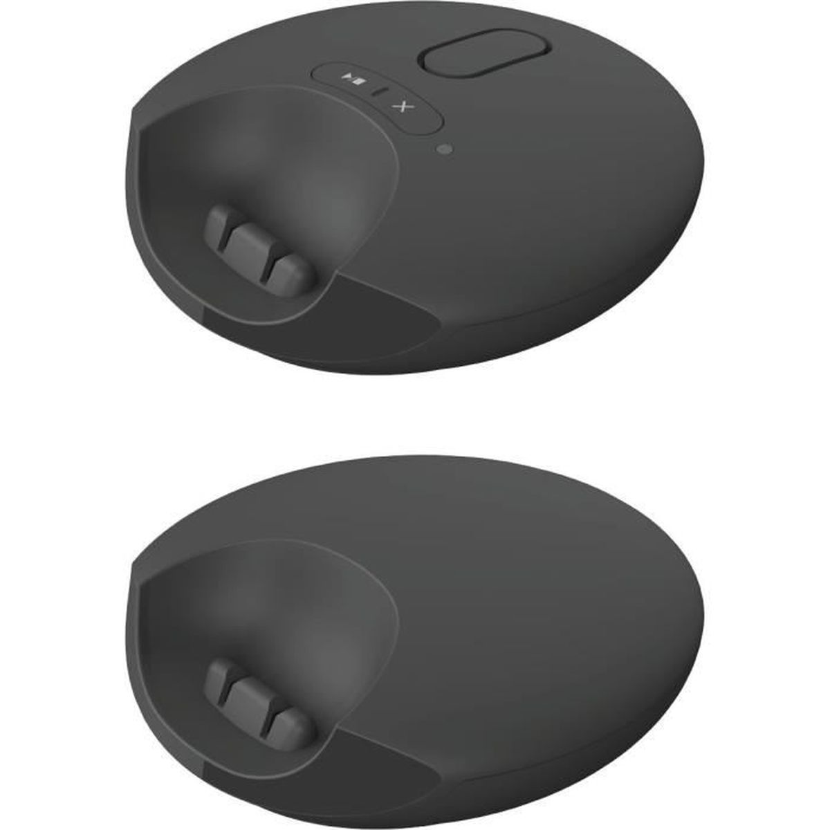 Dos altavoces/cargadores Bluetooth ovalados negros. Cada uno tiene botones y una base empotrada.