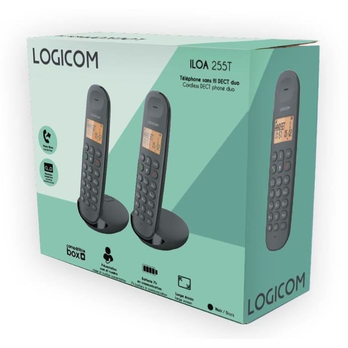 Un teléfono en una caja. Texto: Teléfono DECT inalámbrico dúo. Dos teléfonos en la caja.