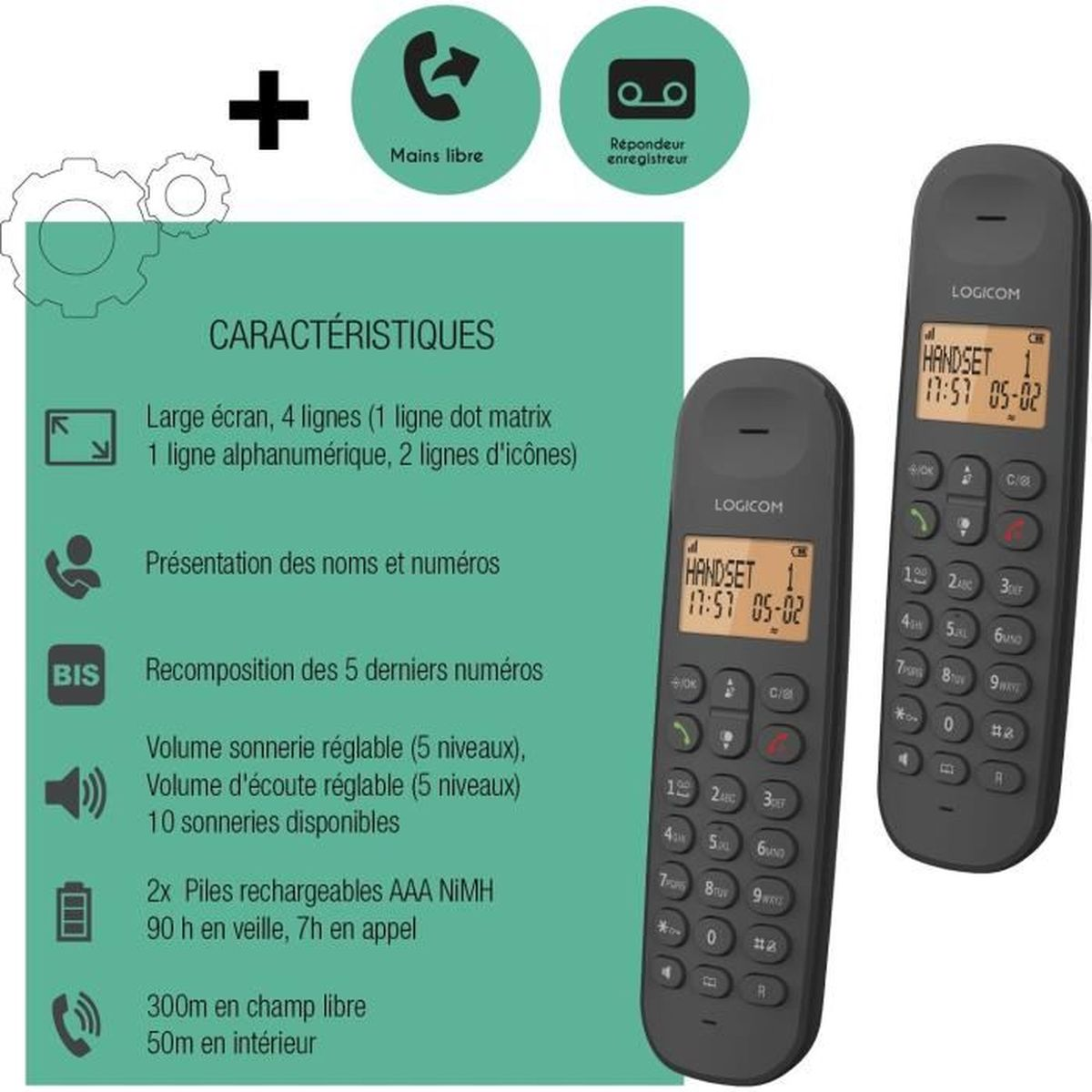 Dos teléfonos inalámbricos negros con una infografía azul y texto en francés. Fondo blanco.