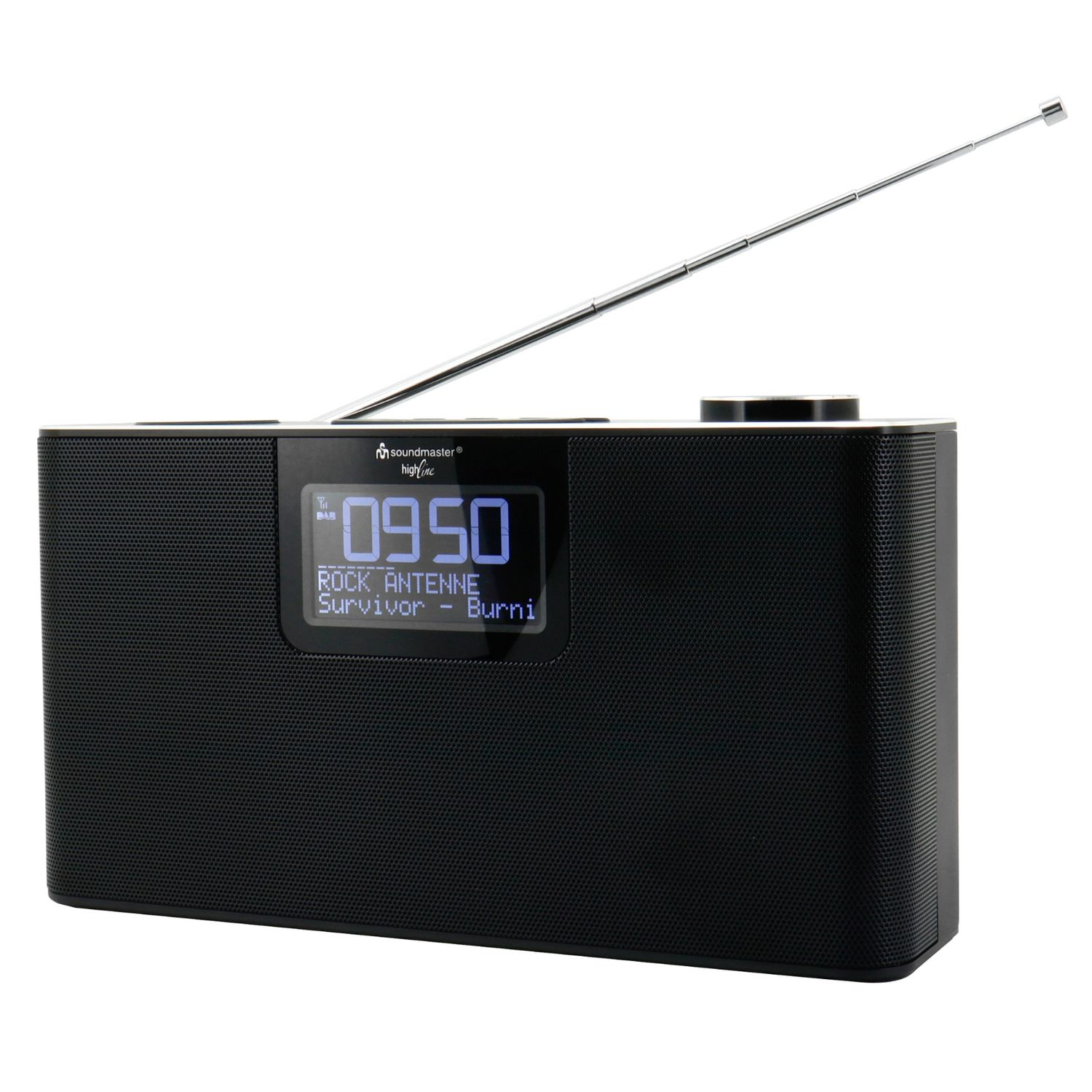 Schwarzes Radio mit Digitalanzeige, die Zeit und Radiosenderinformationen anzeigt.