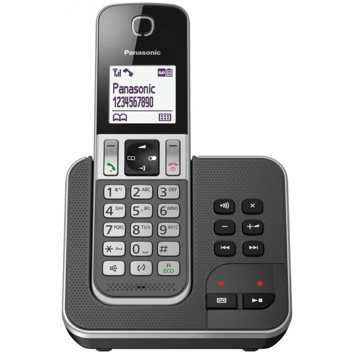 Telefono cordless Panasonic sulla sua base. Ha uno schermo e pulsanti.