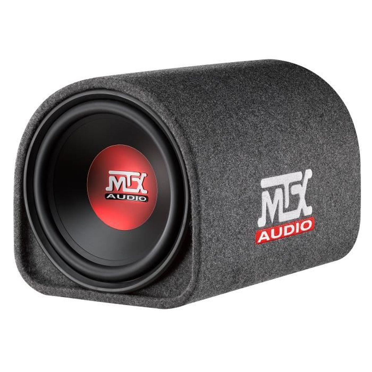 Zylindrischer grauer Subwoofer mit dem Text "MTX AUDIO" auf der Vorderseite.