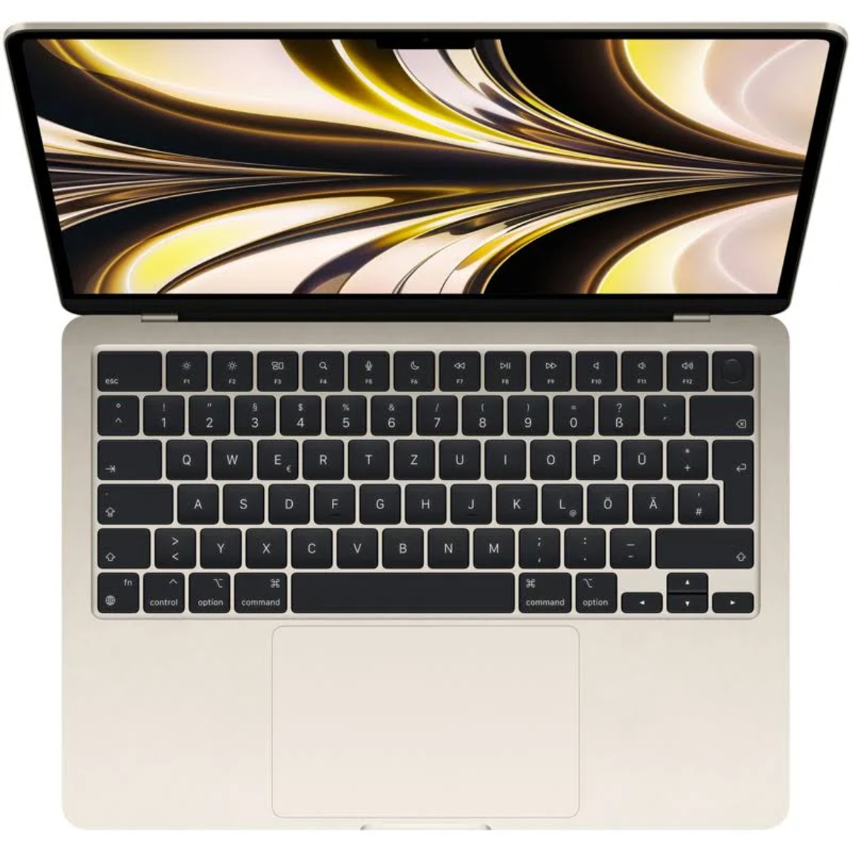 Laptop, geöffnet, Tastatur sichtbar. Bildschirm zeigt abstraktes Design. Beiges Metallgehäuse, schwarze Tasten und Trackpad.