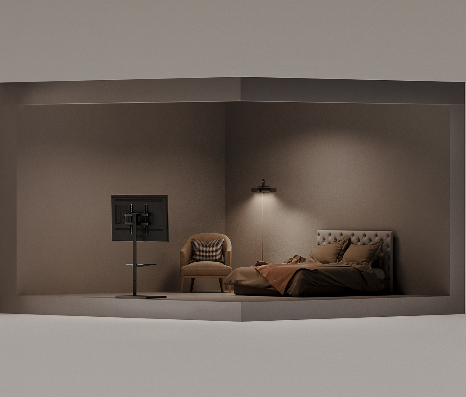 Innenraum mit Bett, Stuhl, Lampe und Fernseher auf einem Ständer.