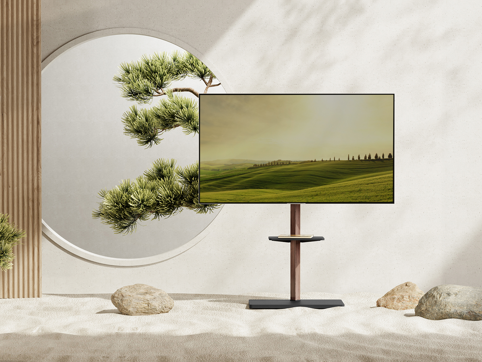 Ein Fernsehbildschirm mit Feldszene, in einem asiatischen Raum mit Sand und Baum.