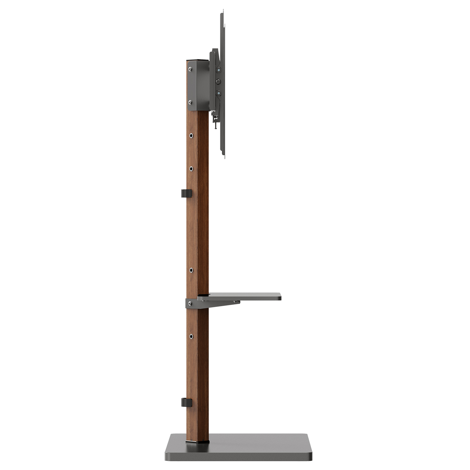 Ein TV-Ständer mit einer dunklen Holzstange, einem Metallregal und einem schwarzen Sockel.