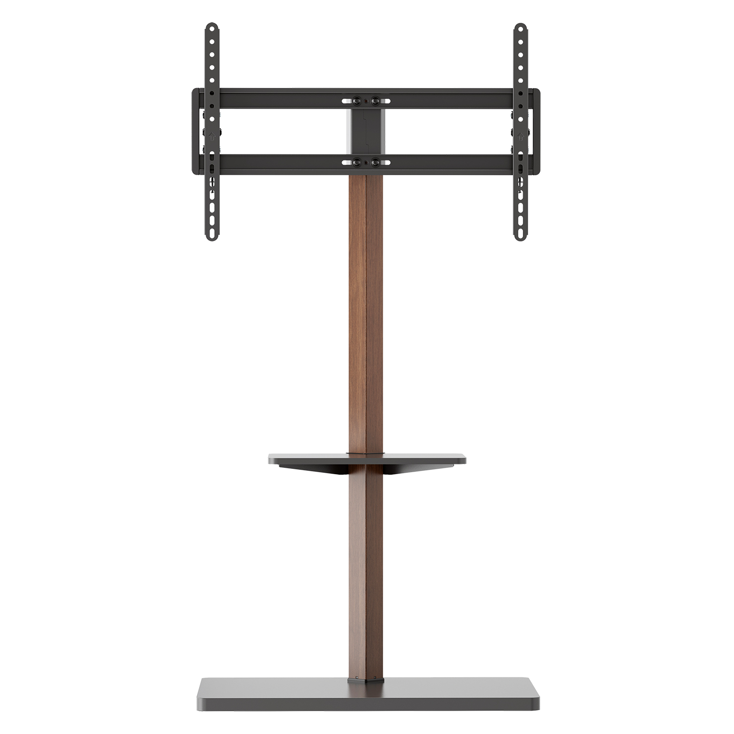 TV-Ständer mit Holzpfosten und Metallsockel. Es steht vor weißem Hintergrund.