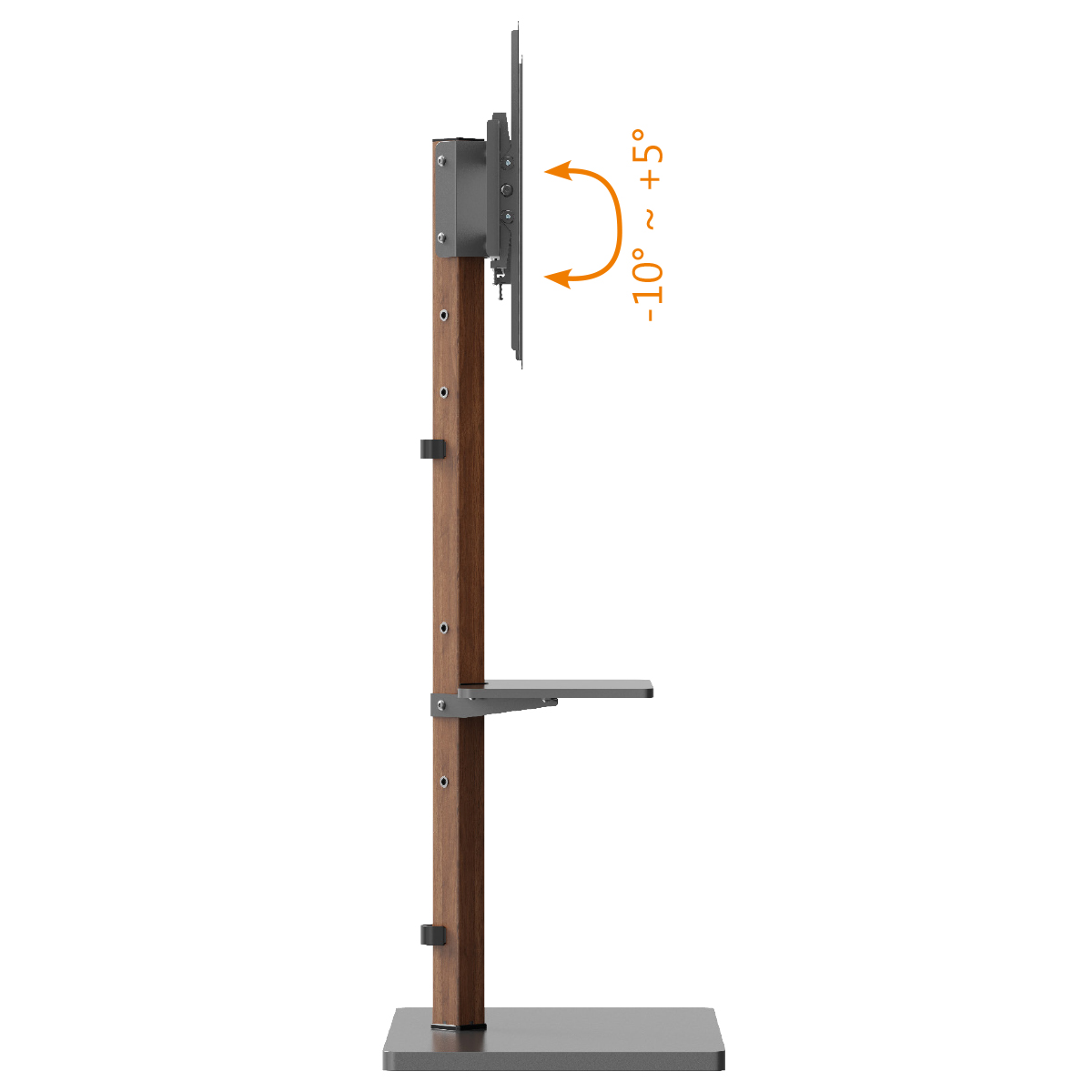TV-Ständer mit Holzpfosten und grauem Sockel. Einstellbarer Winkel. Seitenansicht.