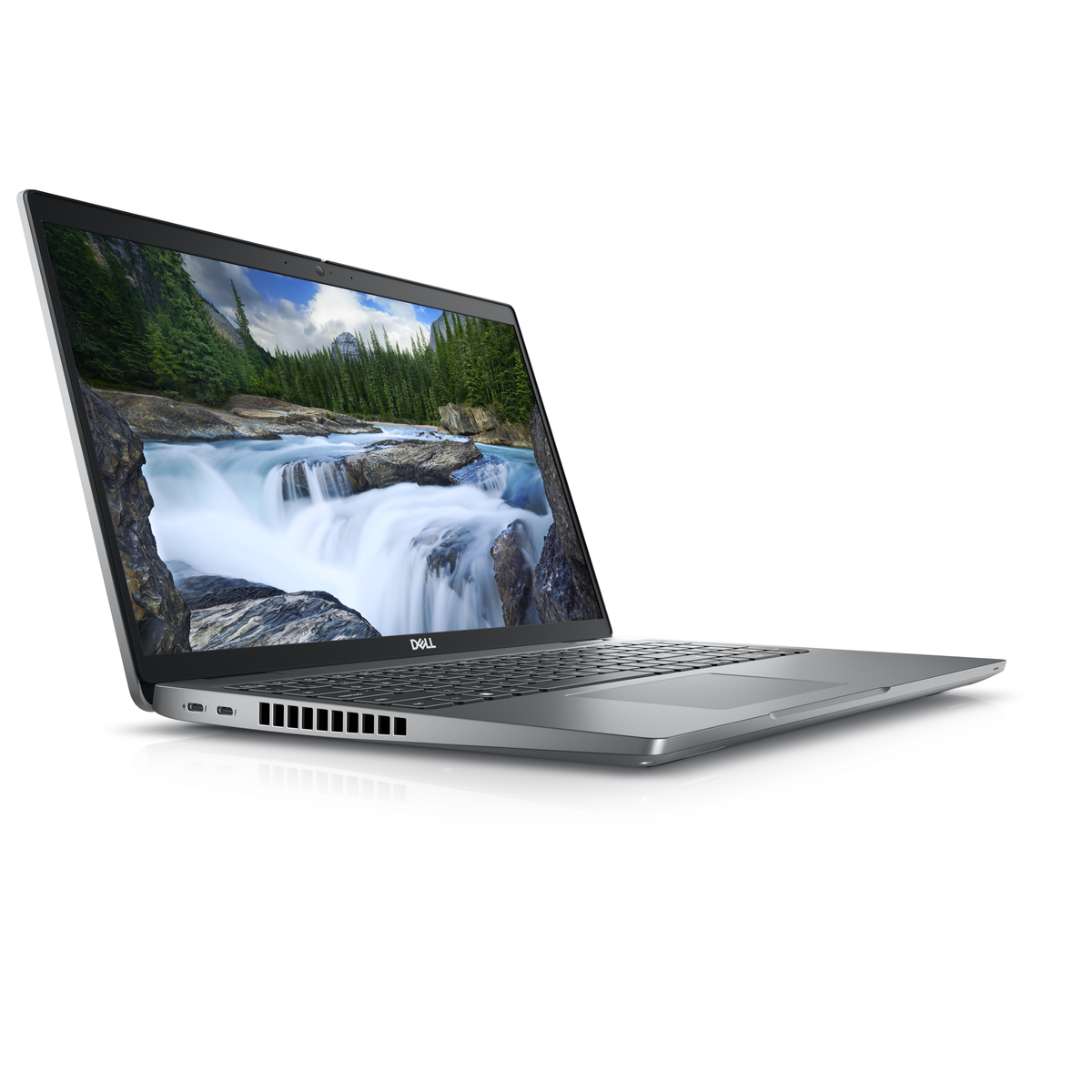 A silver Dell laptop, open, showing a waterfall scene on the screen, on a white background.