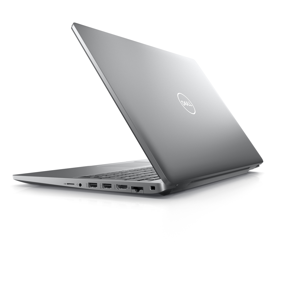 A silver laptop, slightly open, with the Dell logo visible, on a white background.