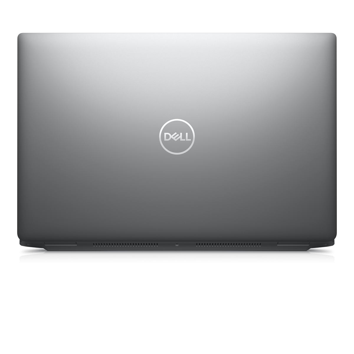 Closed gray Dell laptop on white background. The Dell logo is in the center.
