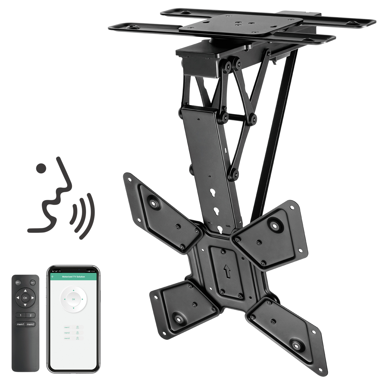 Schwarze Deckenhalterung für einen Fernseher, mit Fernbedienung und Telefon.