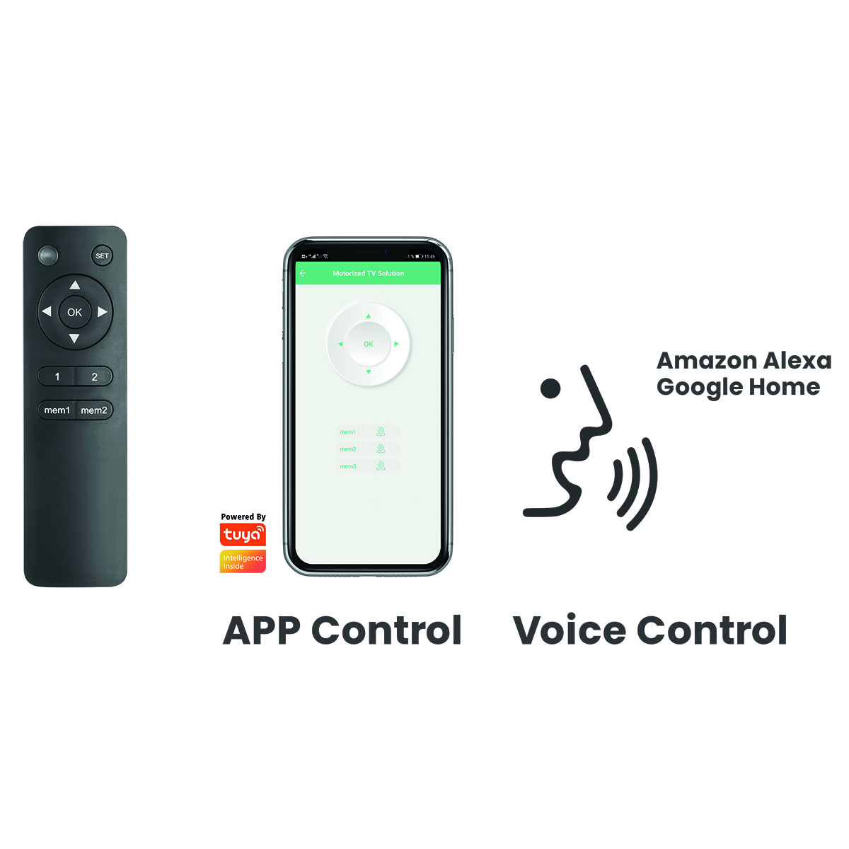 Fernbedienung, Telefon mit App und Sprachsteuerungs-Symbol. Amazon Alexa und Google Home Branding.