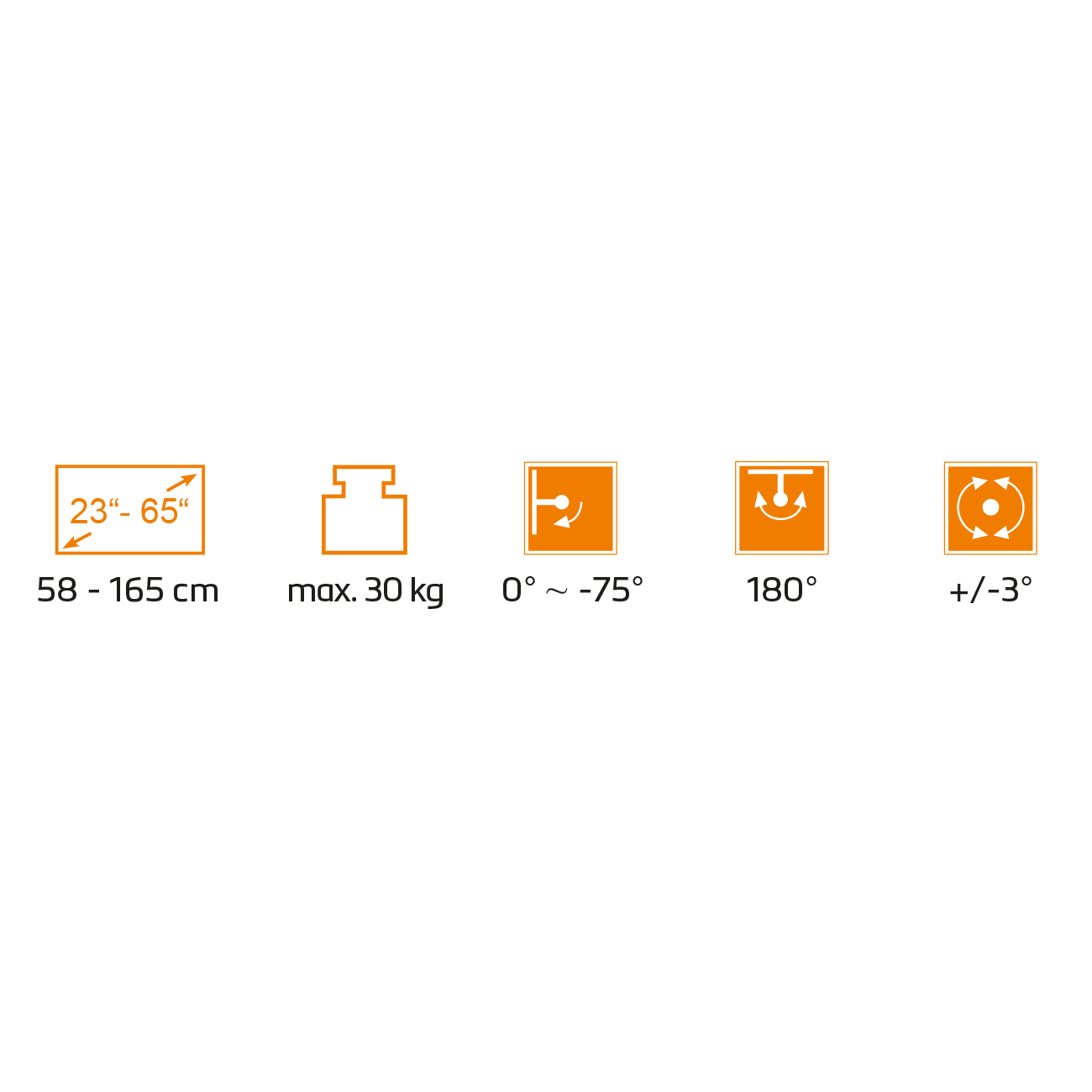 Orangefarbene Symbole mit Produktspezifikationen auf weißem Hintergrund.