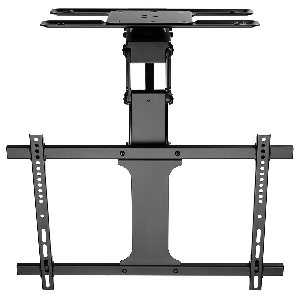 Schwarze TV-Halterung. Hat Halterungen und eine zentrale Stange für die Deckenmontage.