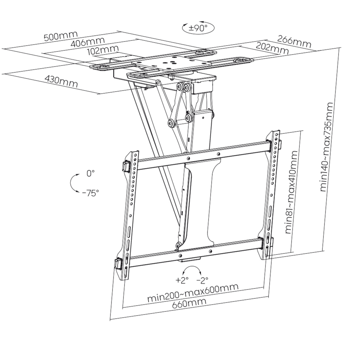 Diagramm eines Geräts mit Maßangaben und Winkeln in mm und Grad.