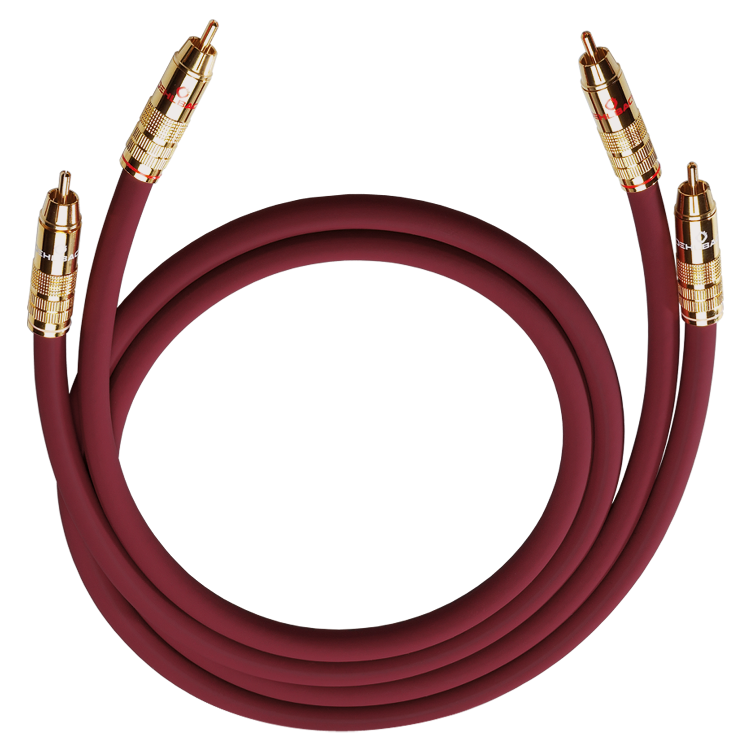 Rote und goldene Cinch-Kabel, gebogen. Goldene Stecker, schwarzer Hintergrund.