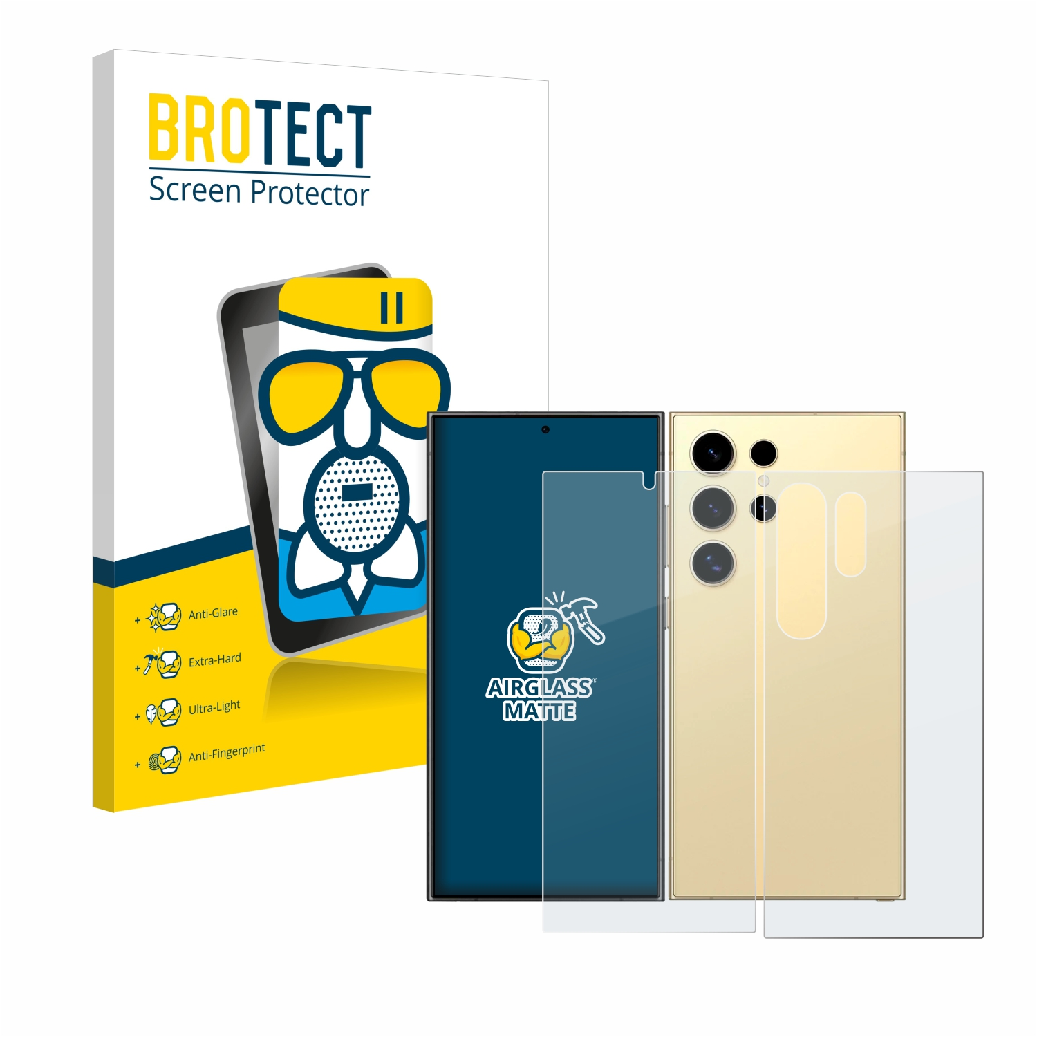 Ein Telefon, Displayschutz und Verpackung. Der Schutz befindet sich neben dem Telefon.