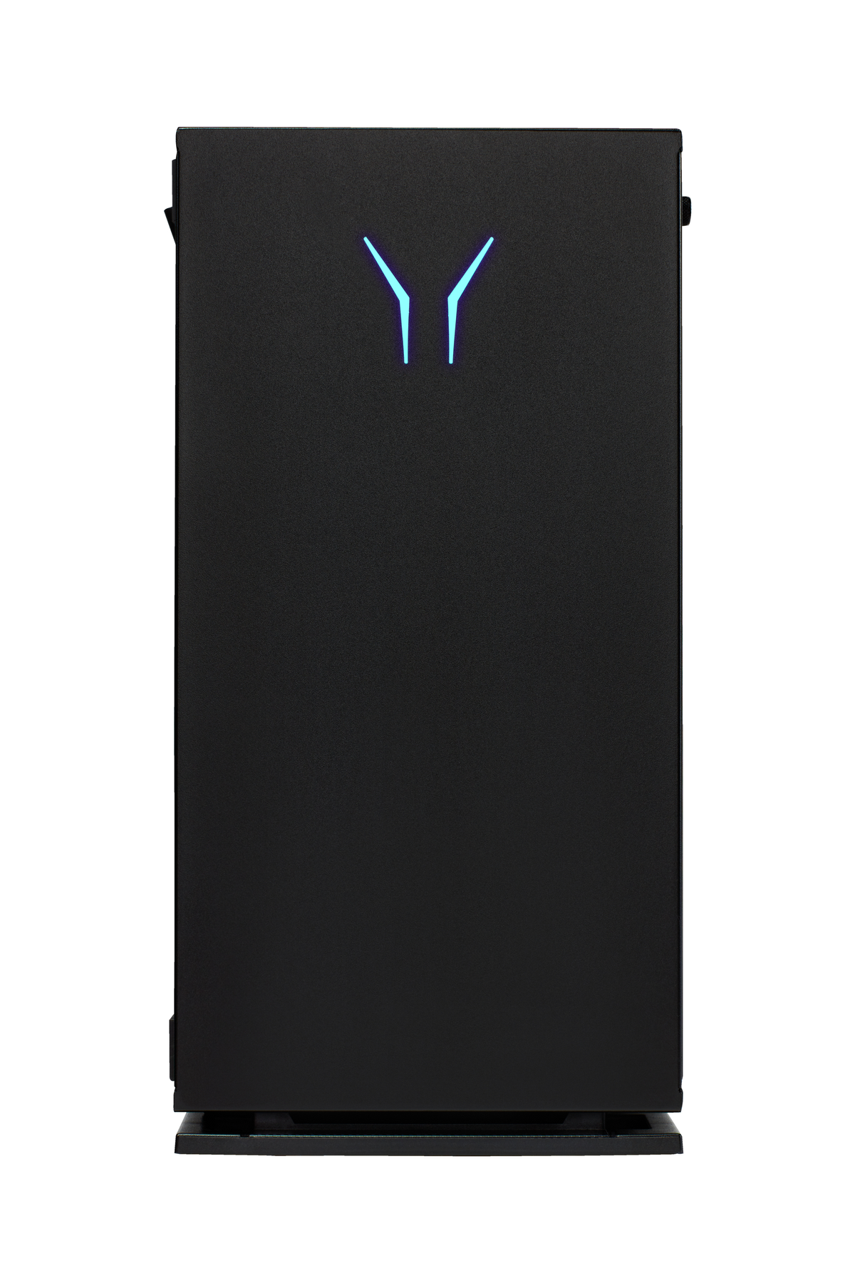 Czarna obudowa komputera z niebieskimi światłami, widok z przodu, białe tło.