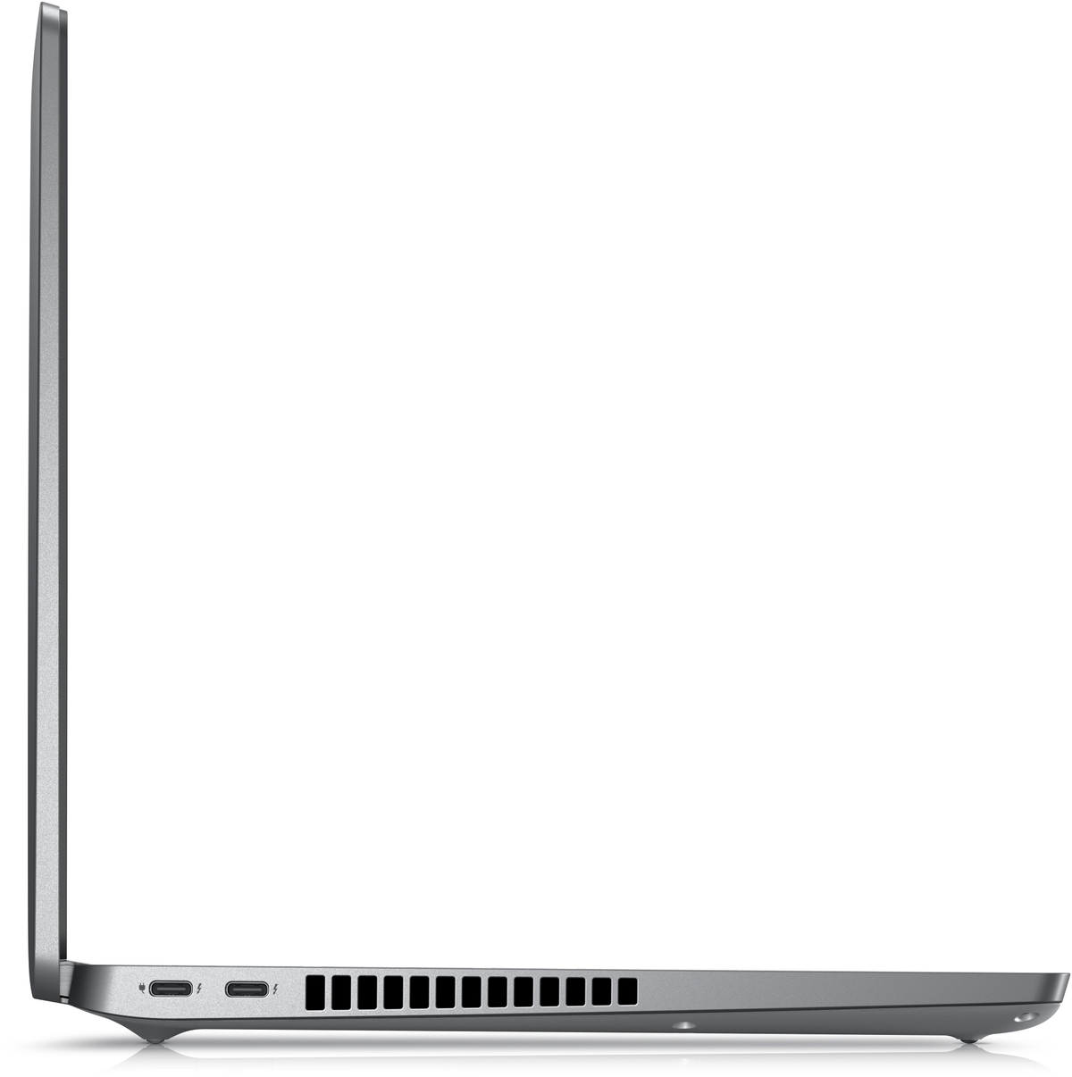 Dell laptop, zijaanzicht, met het andere zijprofiel. Zilverkleurig.