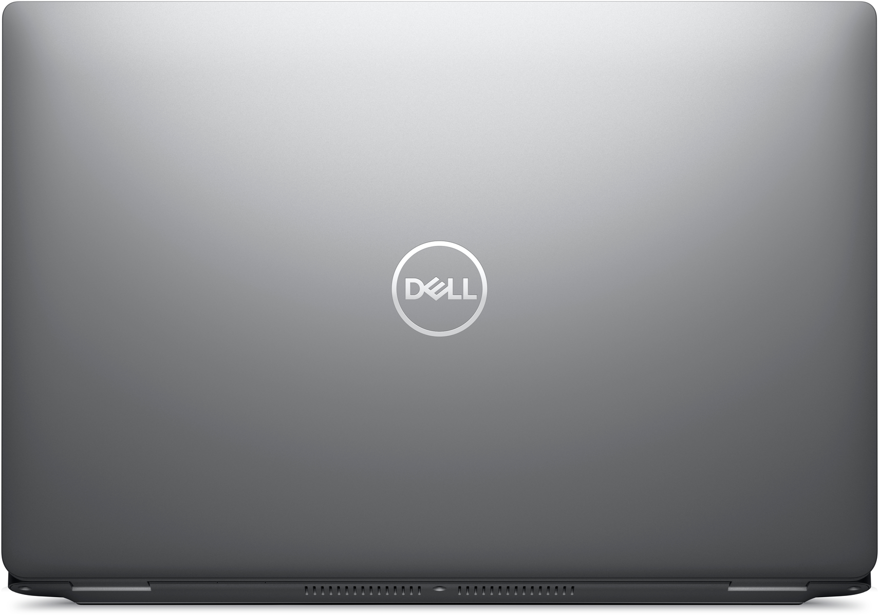 Dell laptop, bovenaanzicht, gesloten, met het Dell-logo. Zilverkleurig.