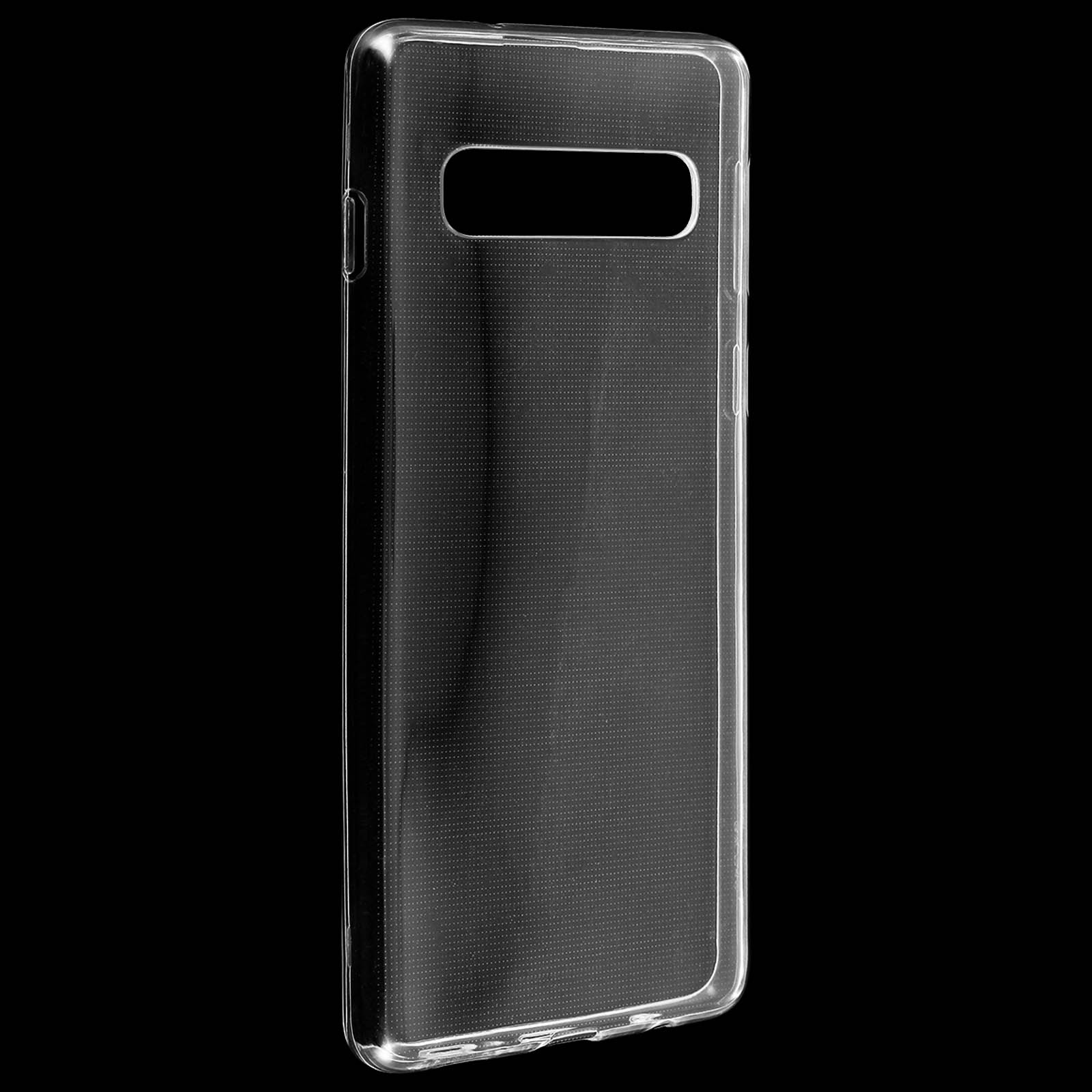 Una custodia trasparente per telefono con una trama a puntini è mostrata su sfondo nero.