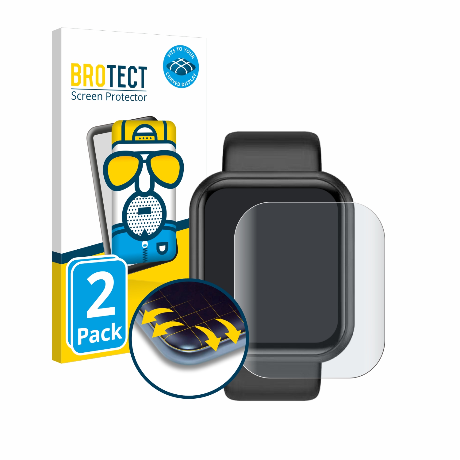 Displayschutzfolien-Verpackung mit Smartwatch und Schutzfolie, mit Grafik für gebogenes Display.