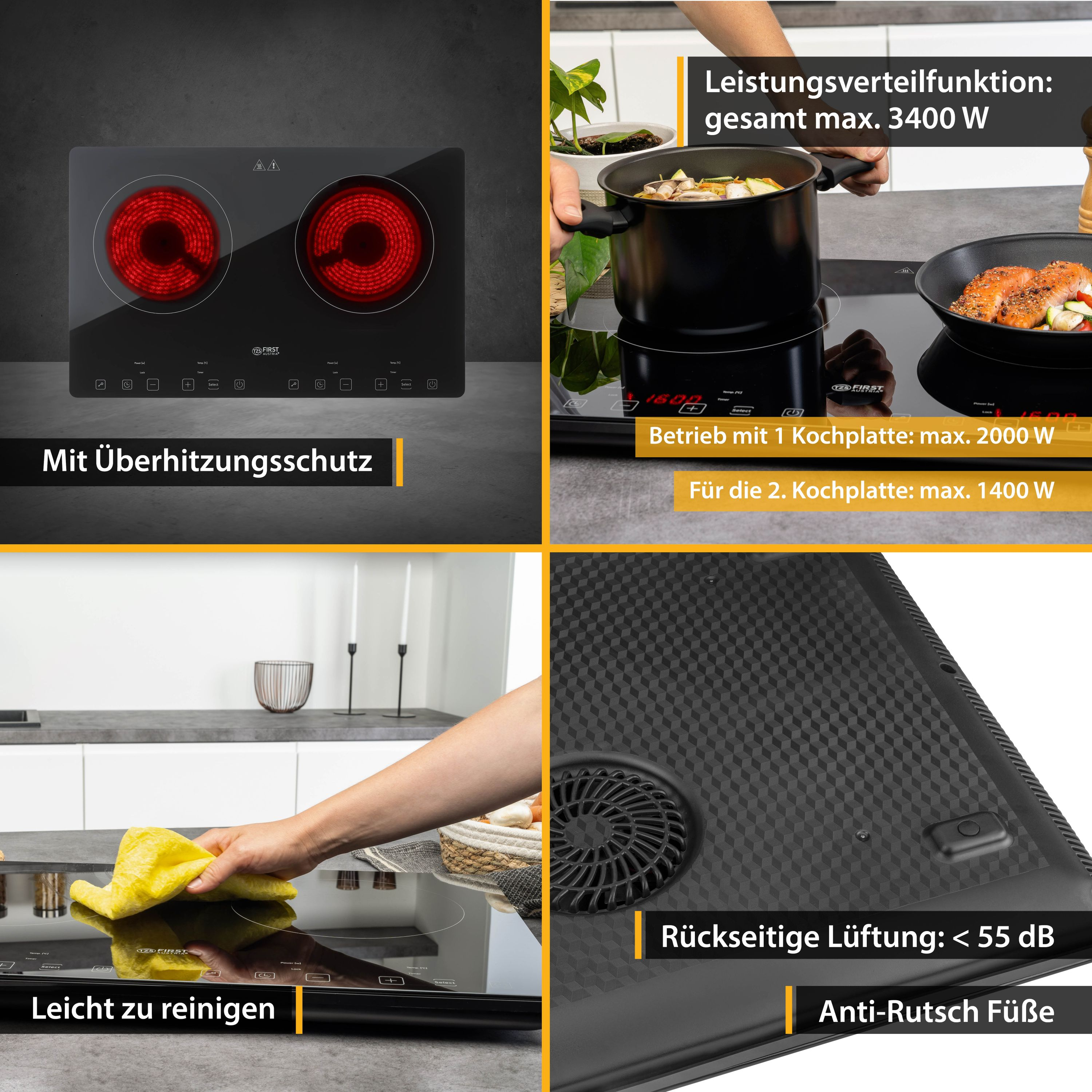 Vier-Panel-Bild: Induktionskochfeld, Kochtopf, Bratpfanne und Reinigung des Kochfelds.
