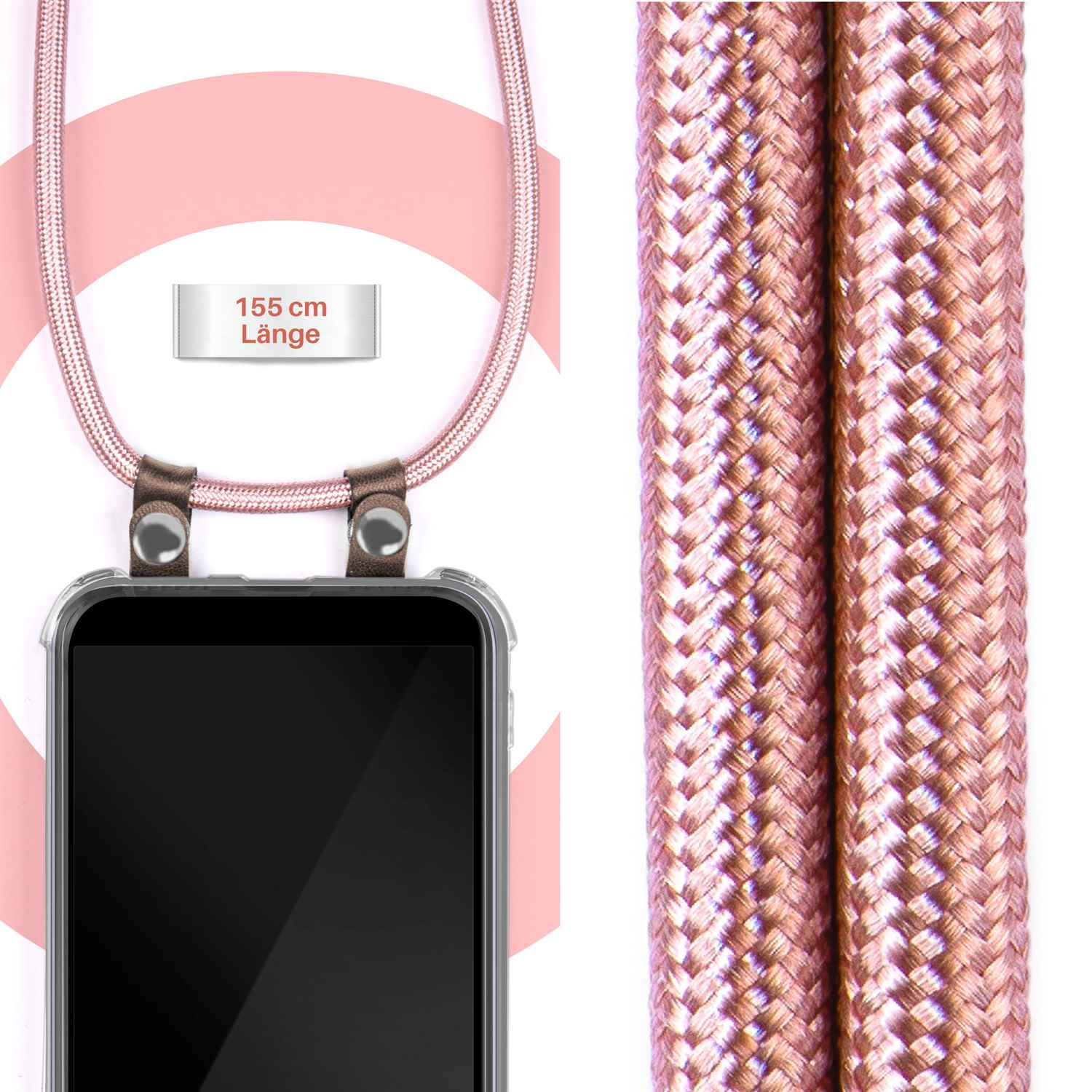 Ein schwarzes Telefon mit transparentem Gehäuse und pinkem Lanyard.