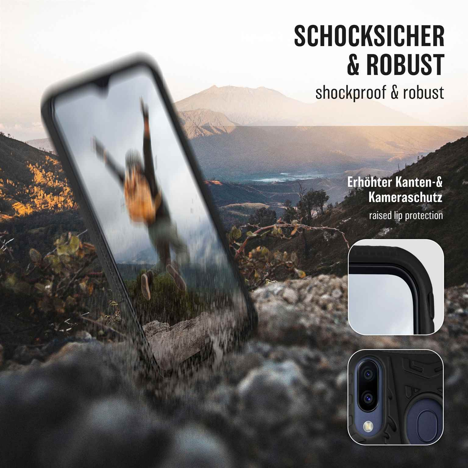 Schwarze Handyhülle mit Bergmotiv und den Worten 'stoßfest & robust', mit zwei Nahaufnahmen.