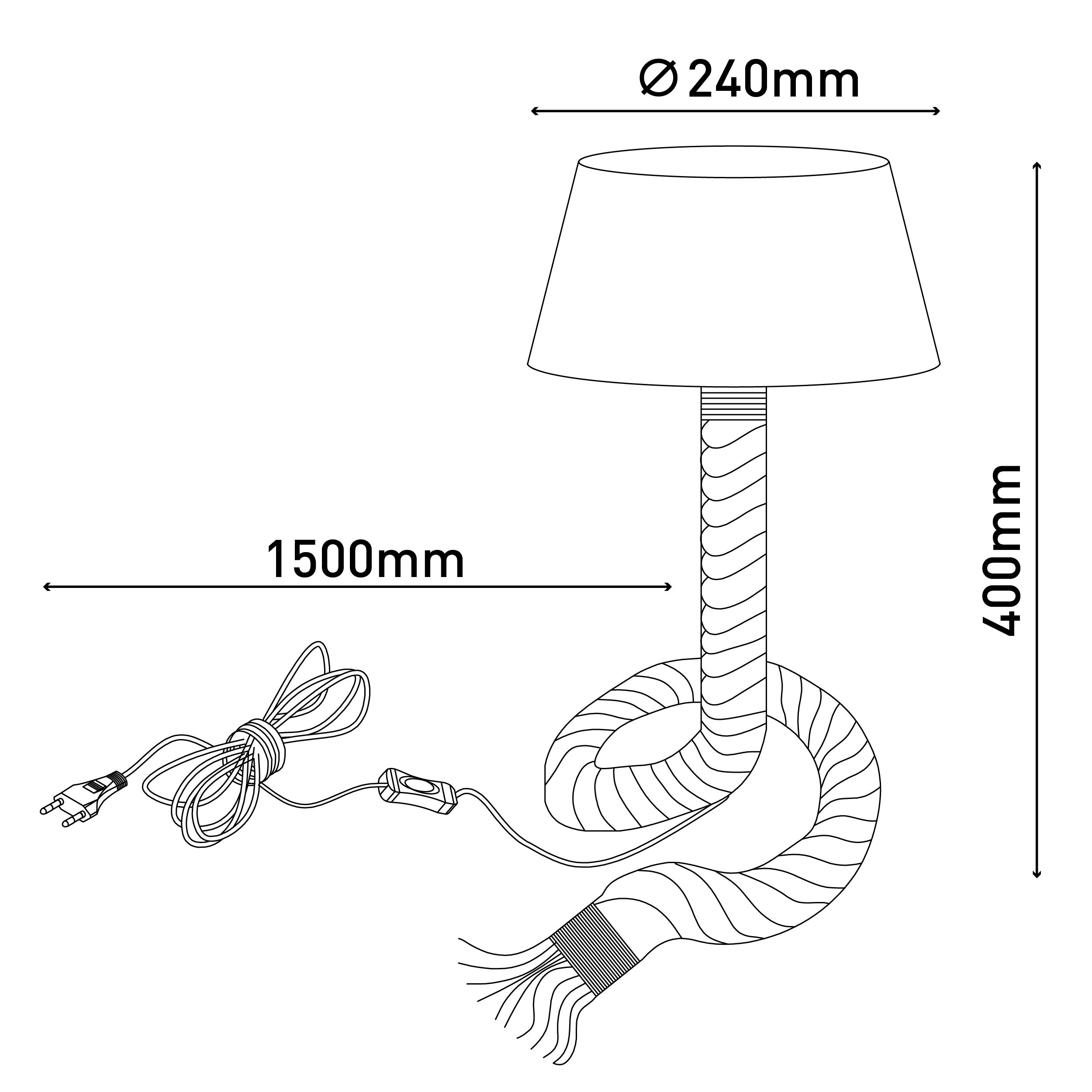 Strichzeichnung einer Lampe mit Abmessungen. Die Lampe hat einen gebogenen Fuß und einen Lampenschirm.