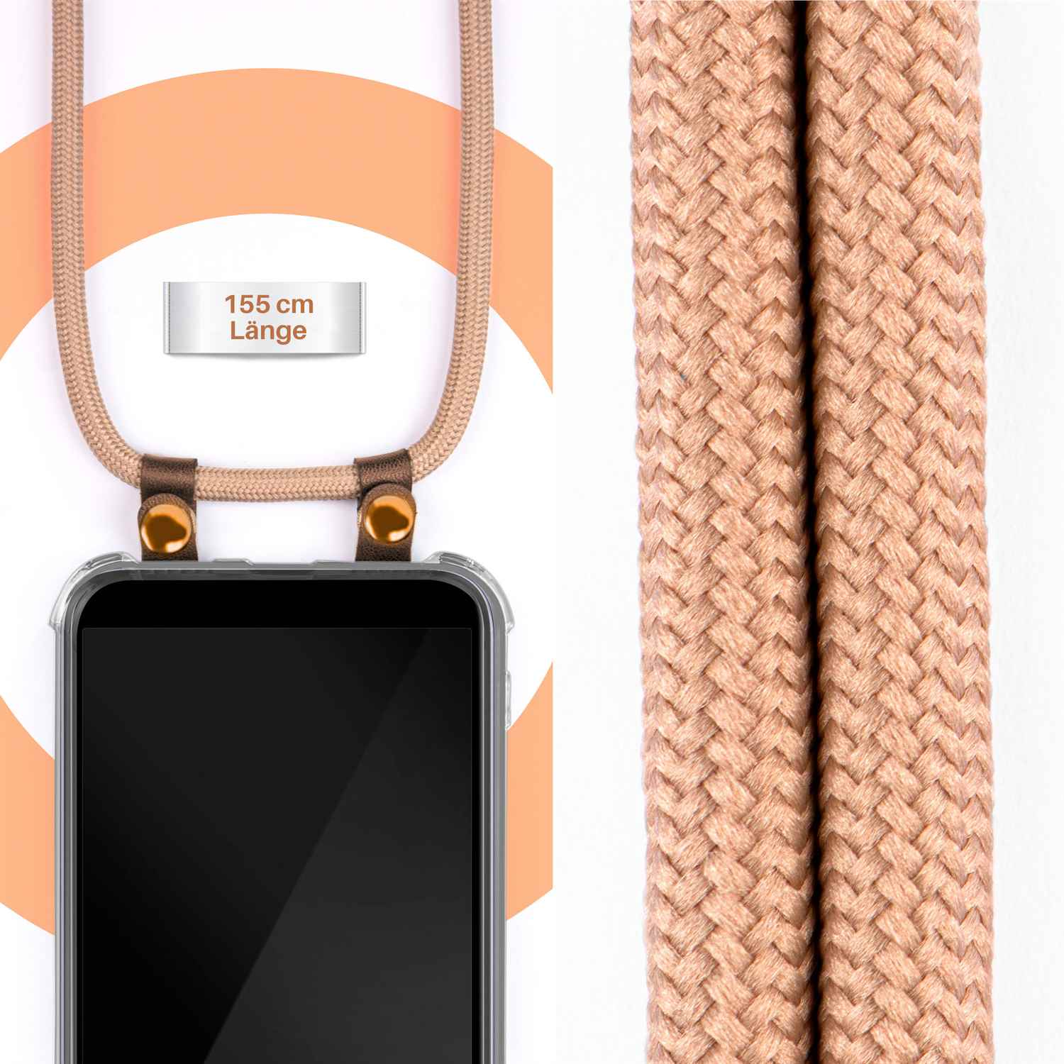 Eine Handyhülle mit beigem Band. Die Hülle ist durchsichtig, das Band hat braune Metalldetails.