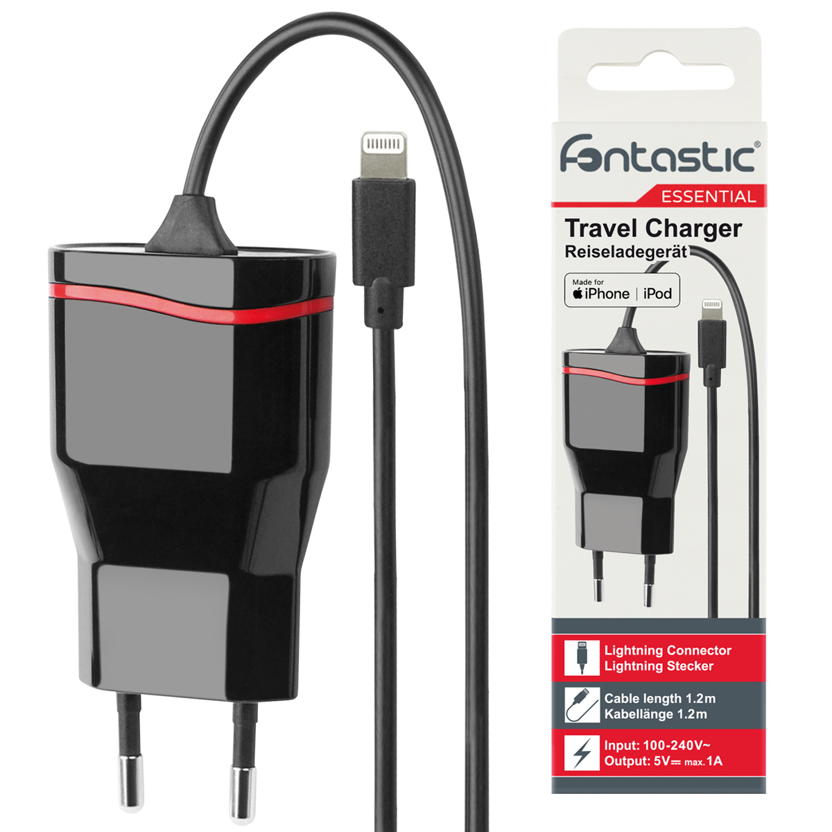 Schwarzes Reise-Ladegerät mit Kabel und Verpackung, vor weißem Hintergrund.