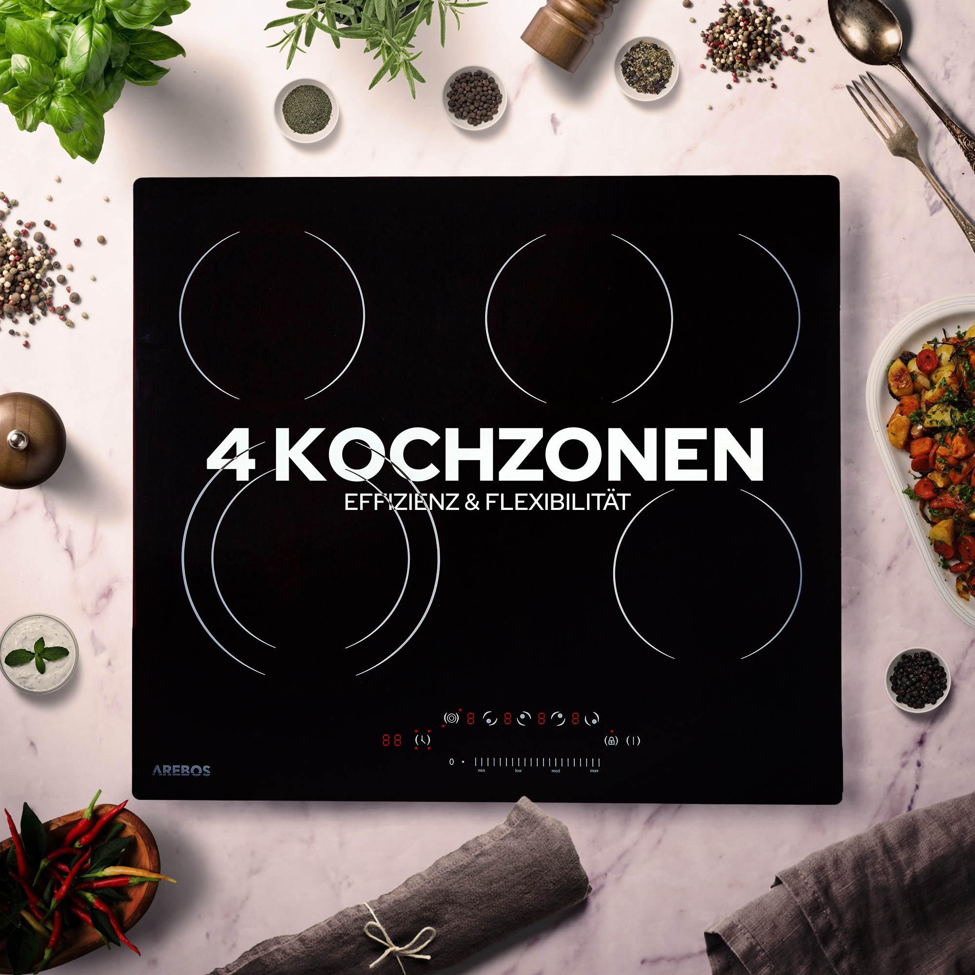 Schwarzes Glaskeramikkochfeld mit Text 4 Kochzonen, umgeben von Zutaten. Weißer Hintergrund.