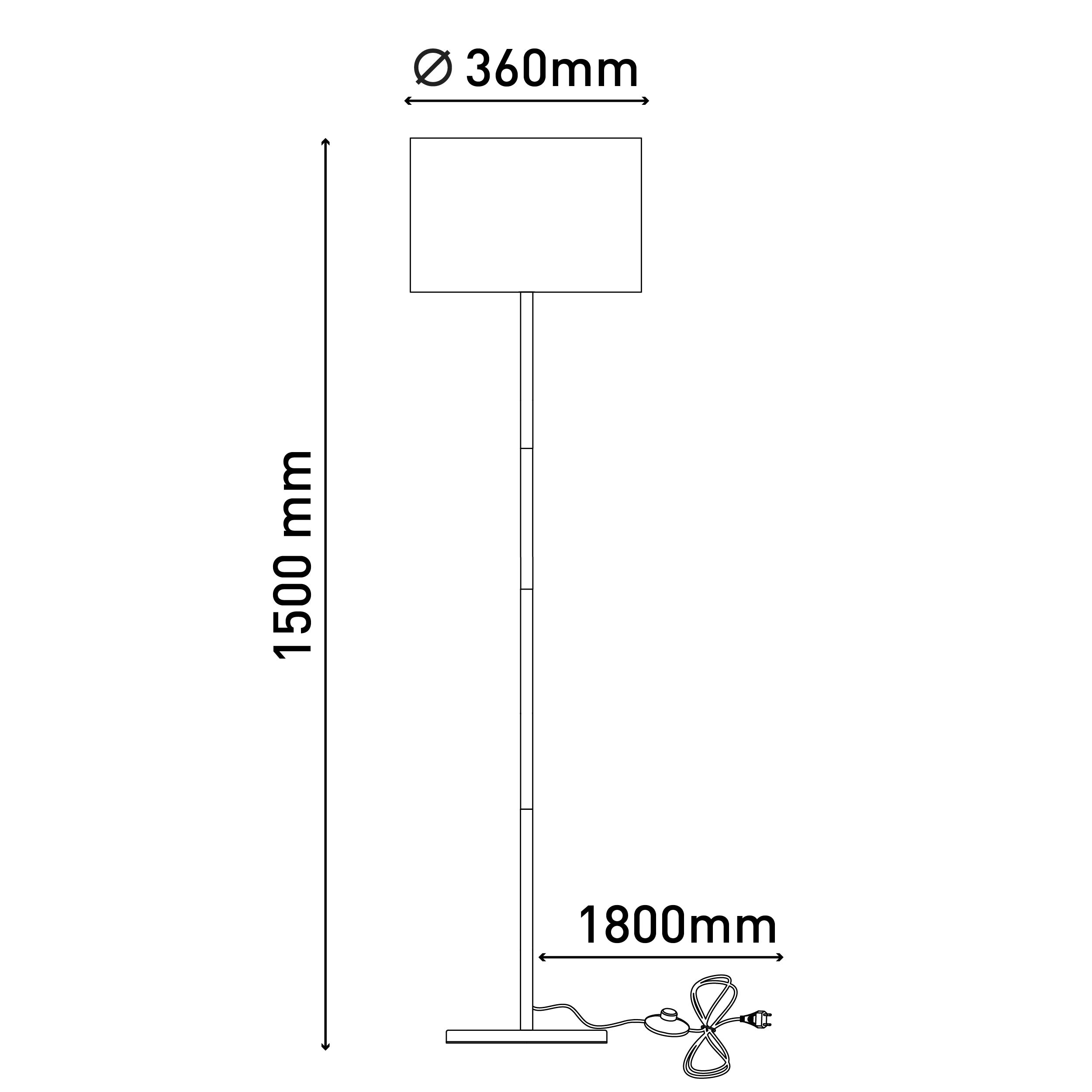 Eine Stehlampe mit quadratischem Lampenschirm und langem Pfosten. Die Messungen von Höhe und Breite werden angezeigt.