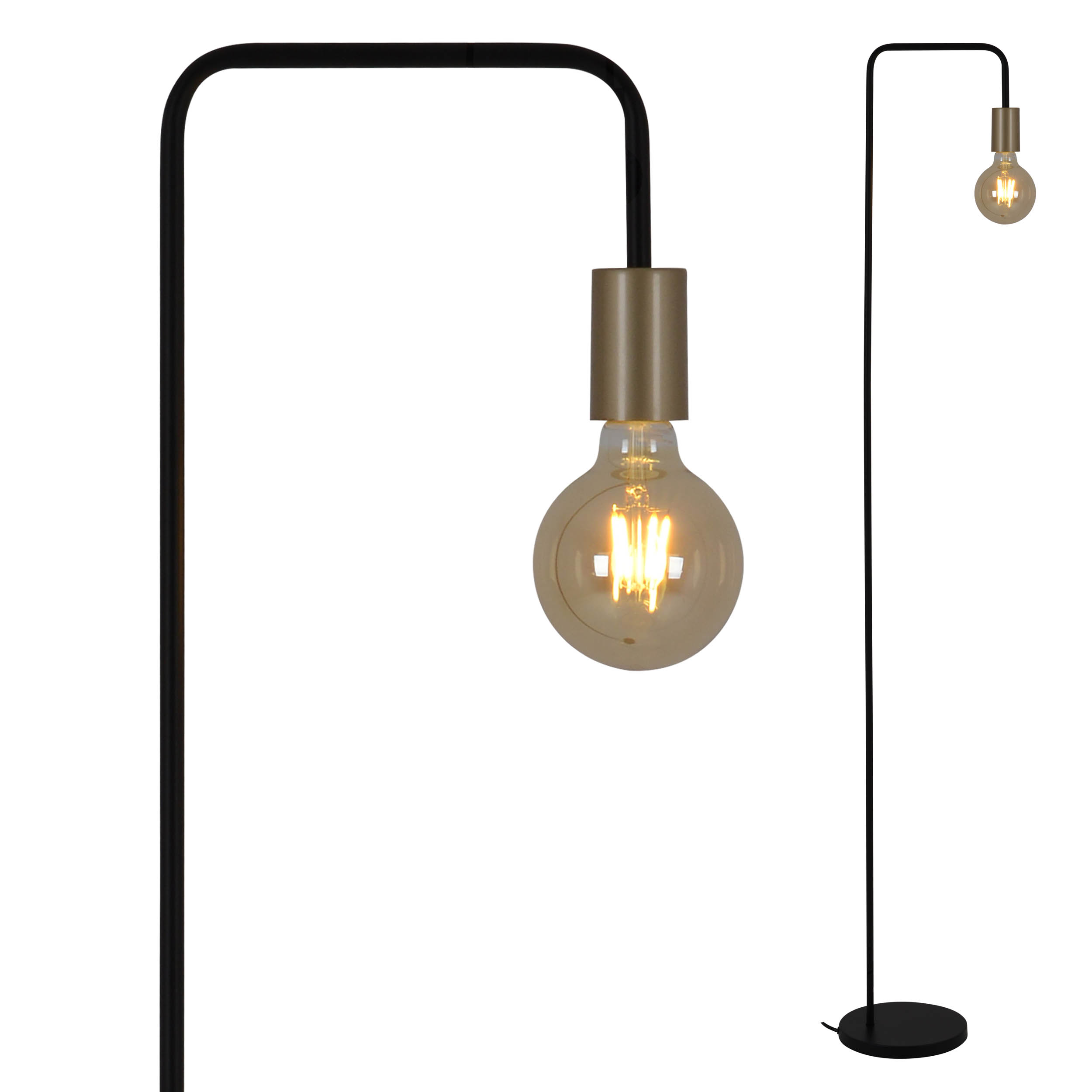Schwarze Stehlampe mit bronzefarbenem Leuchtmittelhalter und leuchtender Glühbirne.