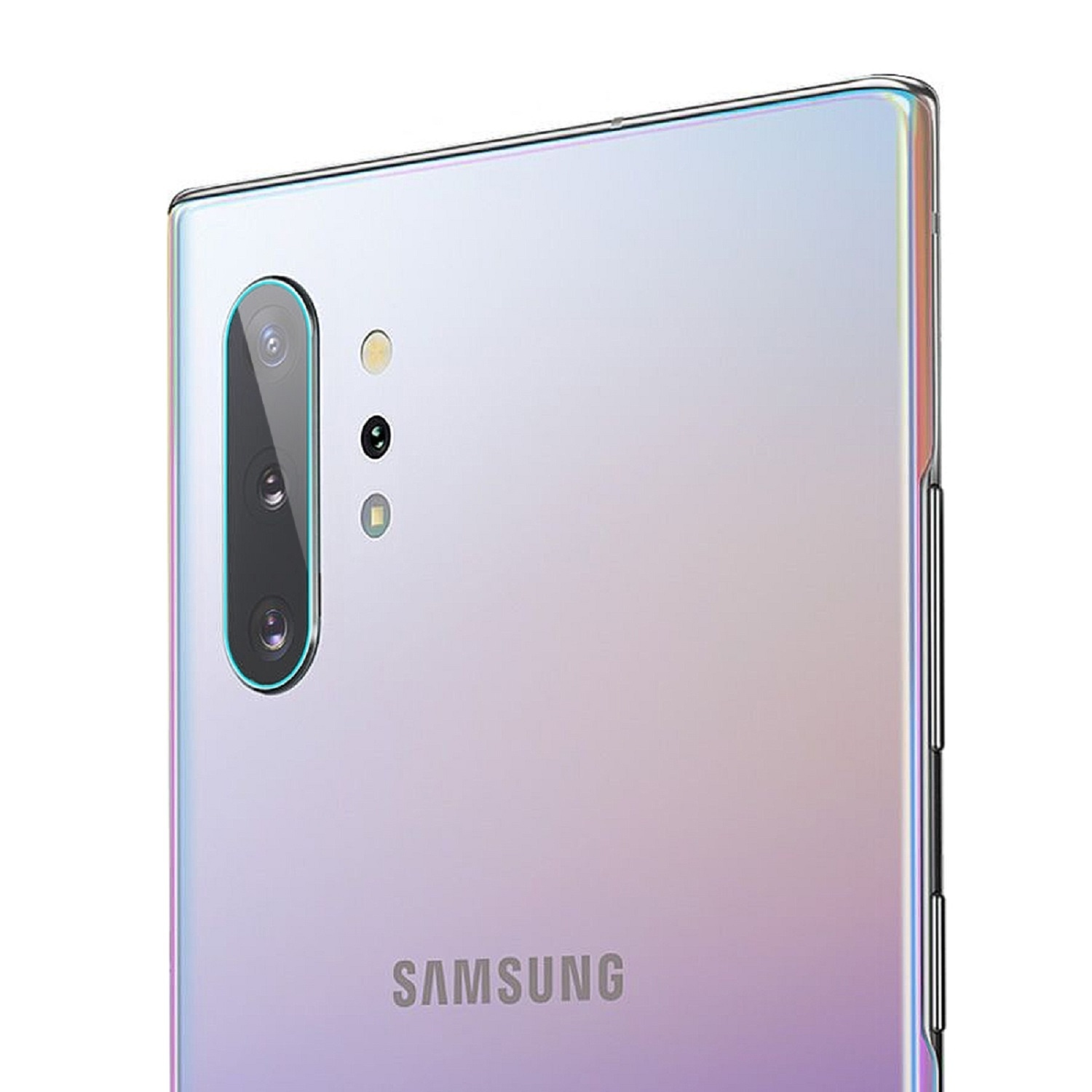 Nahaufnahme der Rückseite eines Telefons mit Kameras und dem Samsung-Logo auf weißer Oberfläche.
