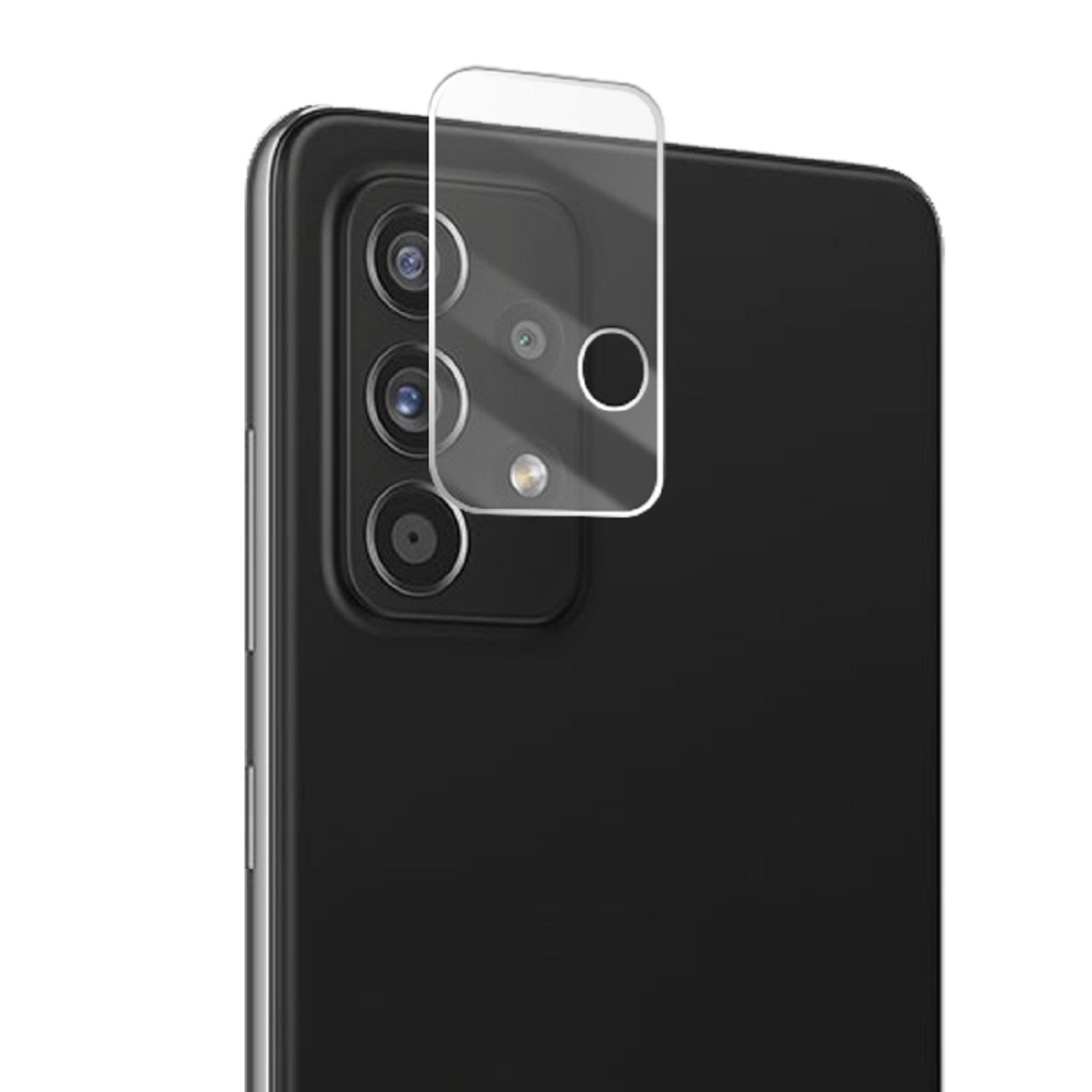 Schwarzes Telefon mit angebrachtem, transparentem Kameraschutz. Drei Kameralinsen sind sichtbar.