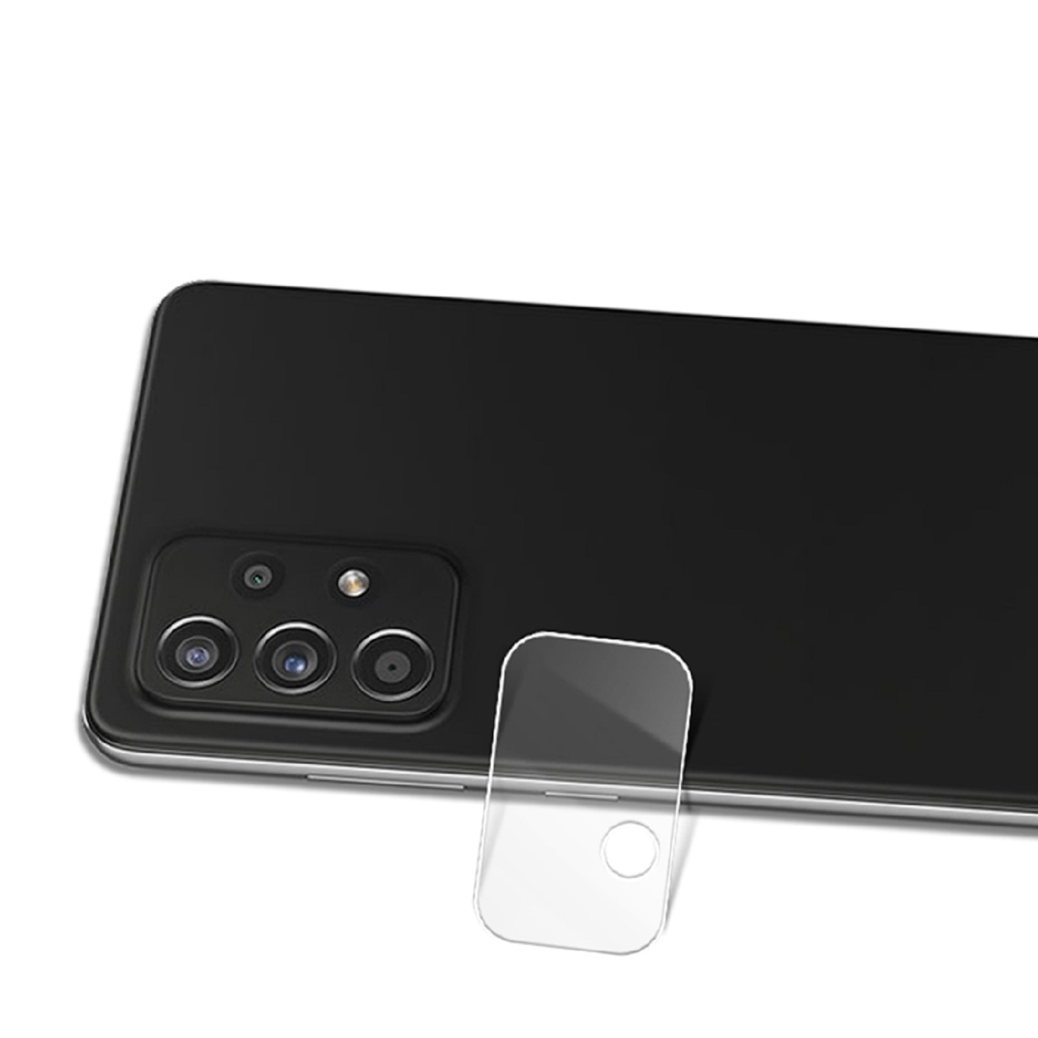 Schwarze Telefonrückseite mit Kameralinsen und Schutzfolie.