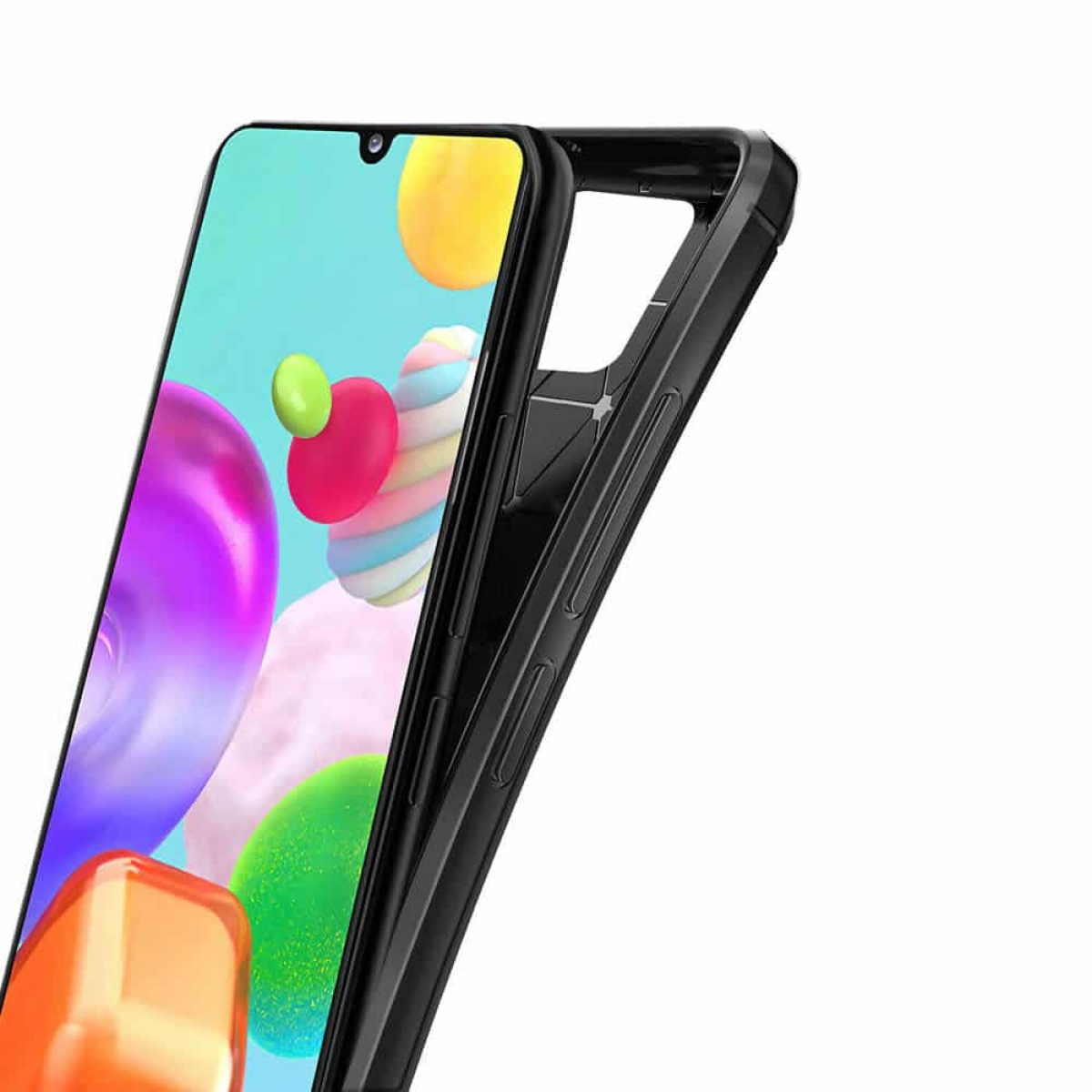 Ein schwarzes Telefon befindet sich in einer schwarzen Handyhülle. Das Telefon hat einen bunten Hintergrund auf dem Bildschirm.