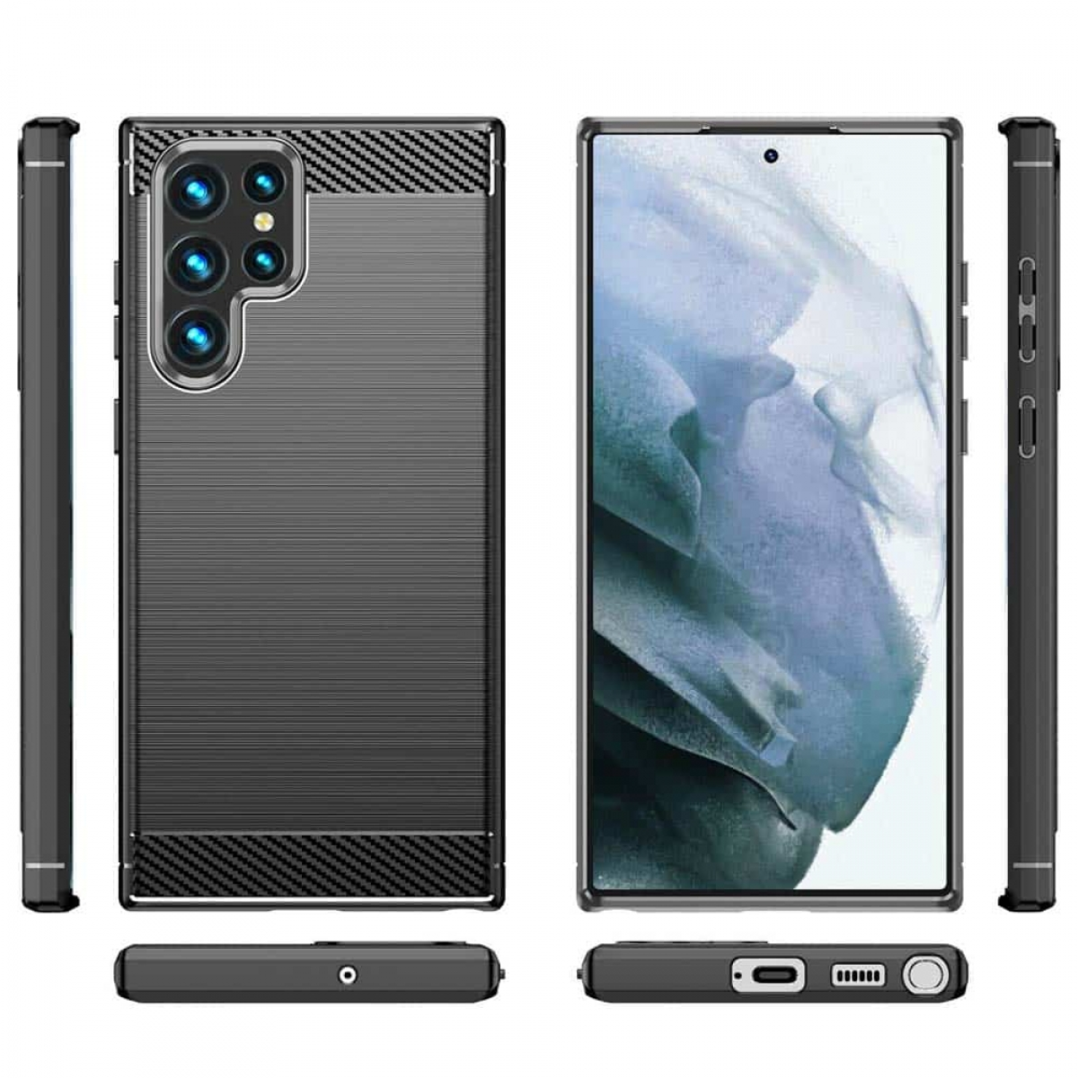 Schwarze Handyhülle mit Karbonfasertextur und Kameraausschnitten. Telefon rechts mit Bildschirm.