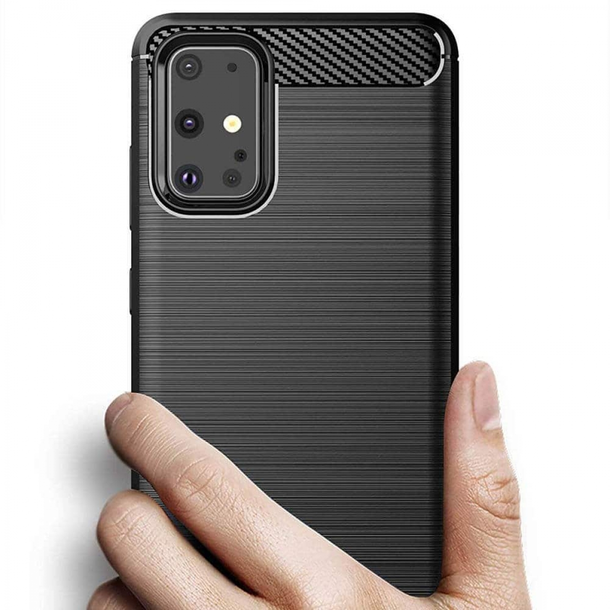 Schwarze Handyhülle. Die Hülle hat ein strukturiertes Design mit Carbonfaser-ähnlichem Detail.
