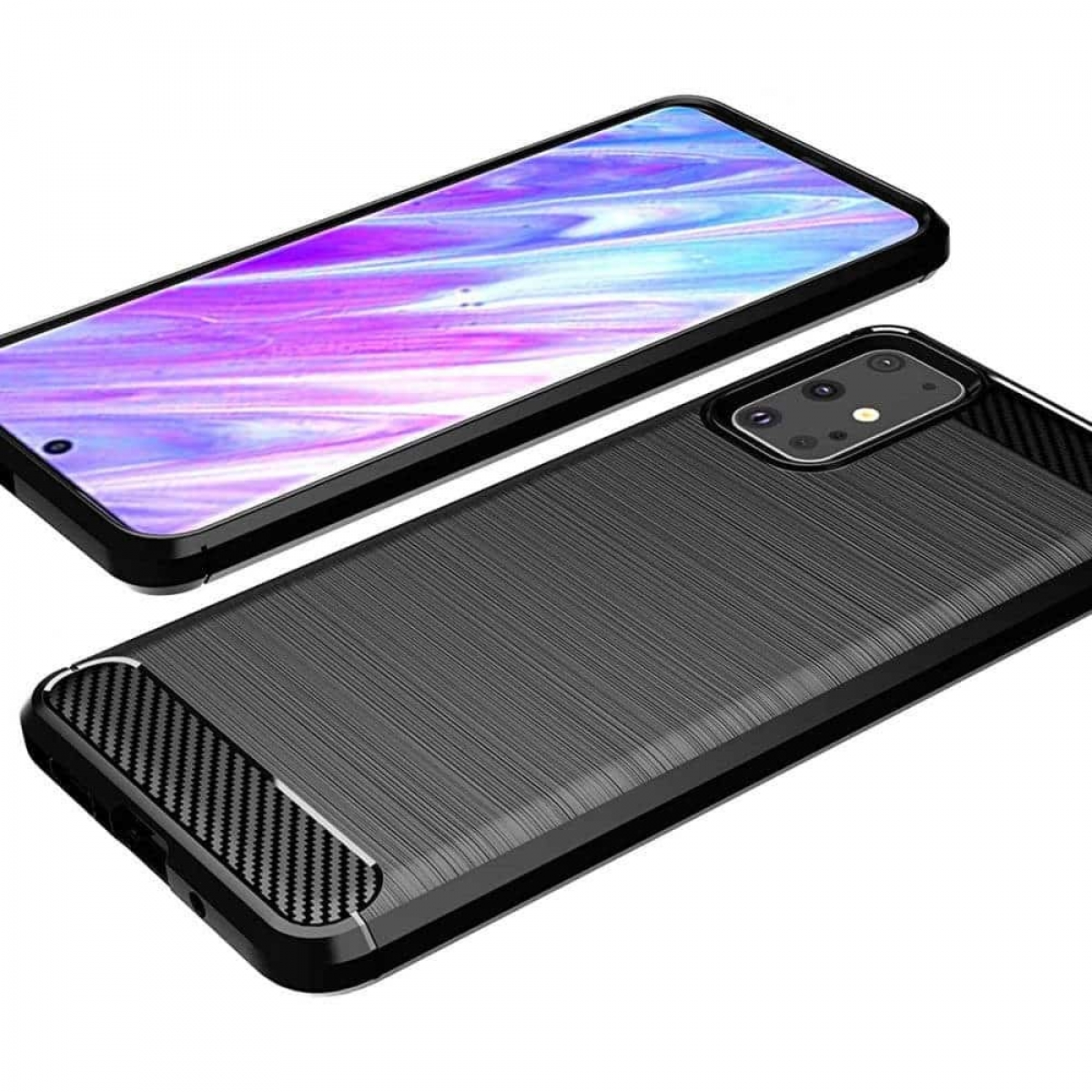 Zwei schwarze Smartphones. Eines ist angewinkelt und zeigt einen Bildschirm. Die andere Hülle liegt auf einer Oberfläche.