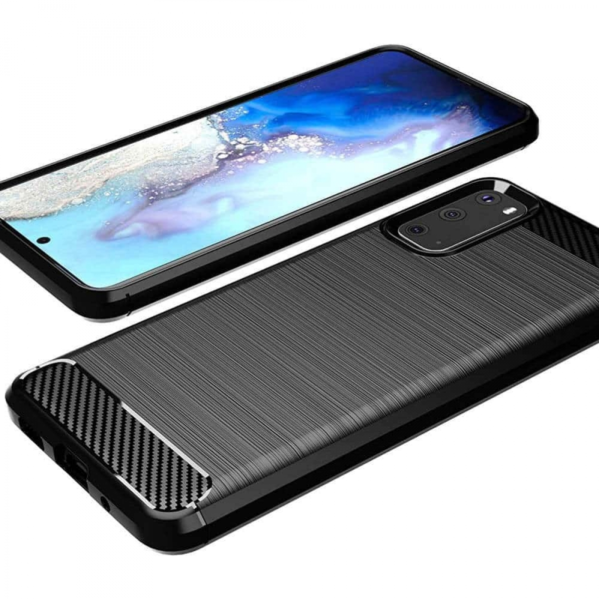 Zwei schwarze Handyhüllen. Eine ist auf einem Telefon, die andere daneben.