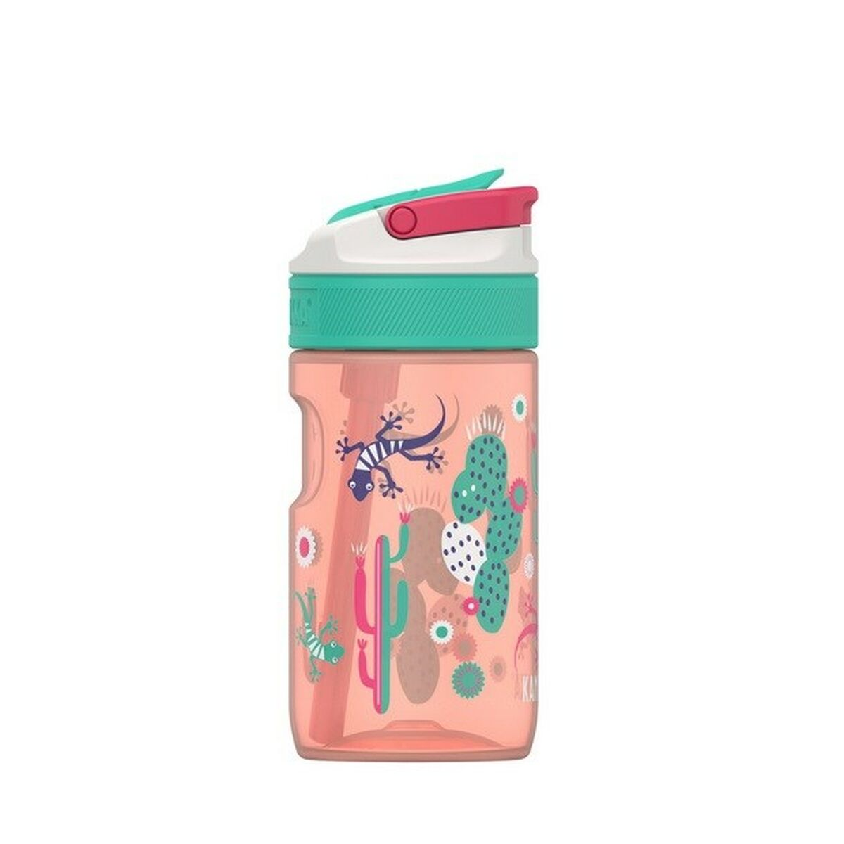 Rosa Wasserflasche mit Kaktusdesign, grünem Deckel und Strohhalm.