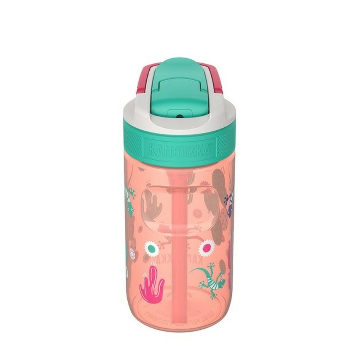 Eine rosa Wasserflasche mit grünem Deckel und cartoonartigen Bildern.
