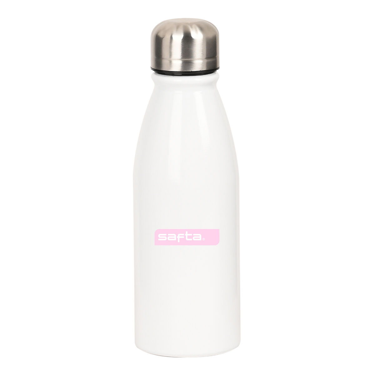Weiße Wasserflasche mit rosa Etikett, Metalldeckel.