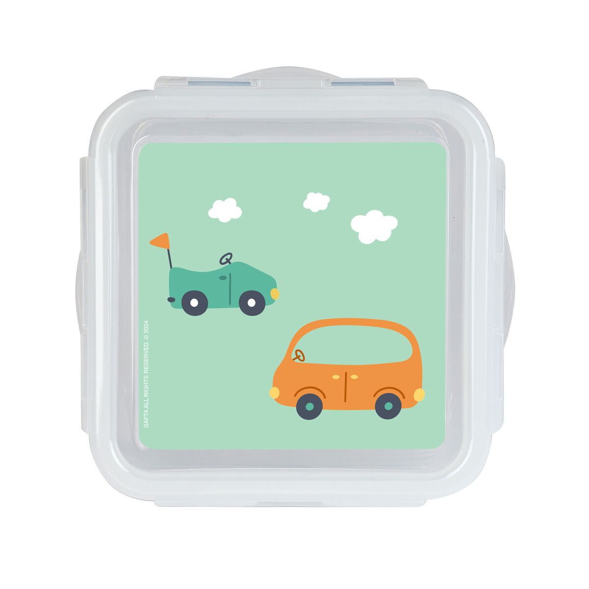 Lunchbox mit zwei Cartoon-Autos und Wolken auf mintgrünem Hintergrund.