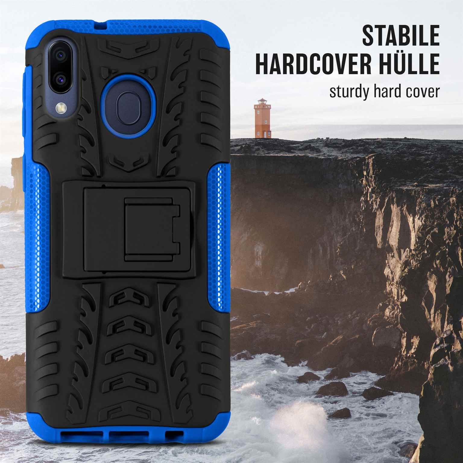 Handyhülle mit robustem Design in Schwarz und Blau. Hintergrund zeigt Landschaft und Felsformation.